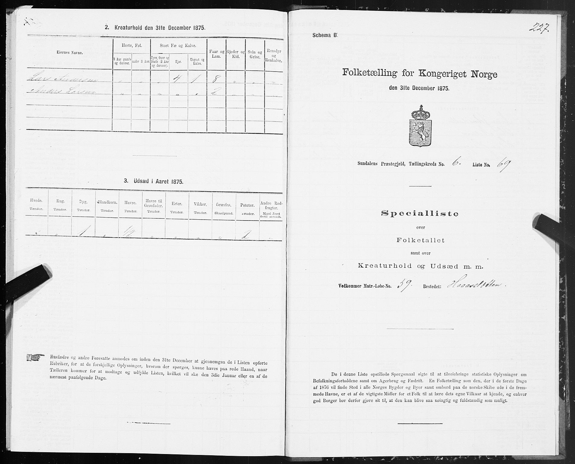 SAT, 1875 census for 1563P Sunndal, 1875, p. 2227