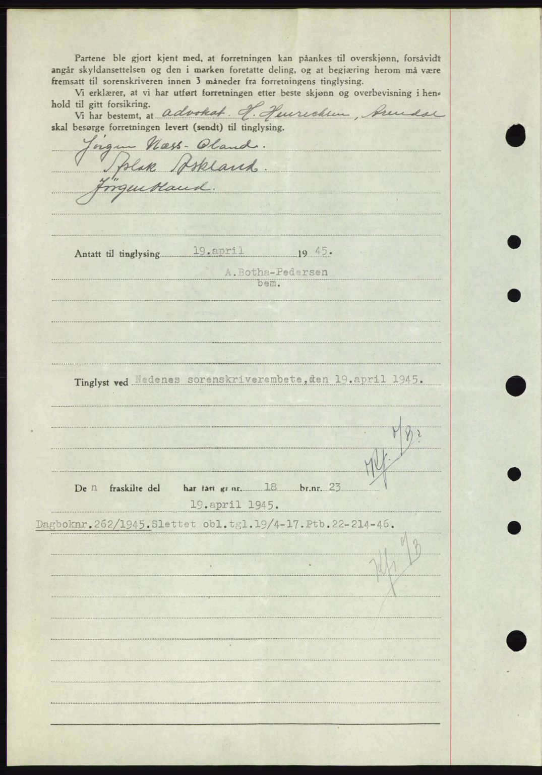 Nedenes sorenskriveri, SAK/1221-0006/G/Gb/Gba/L0052: Mortgage book no. A6a, 1944-1945, Diary no: : 261/1945