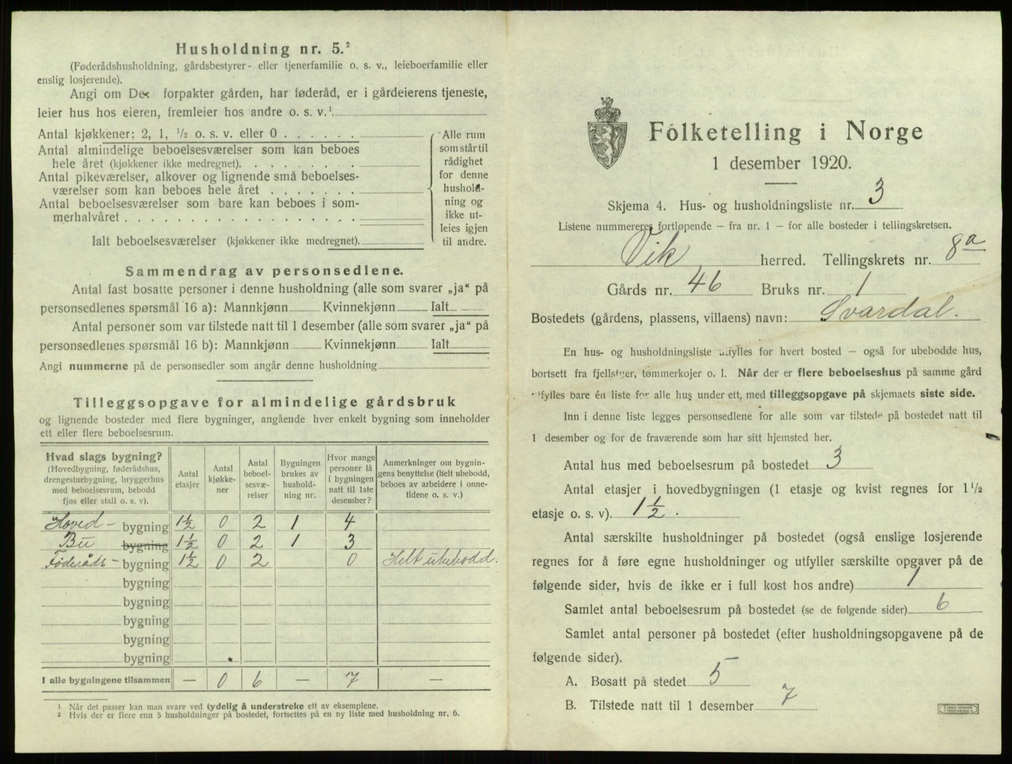 SAB, 1920 census for Vik, 1920, p. 884