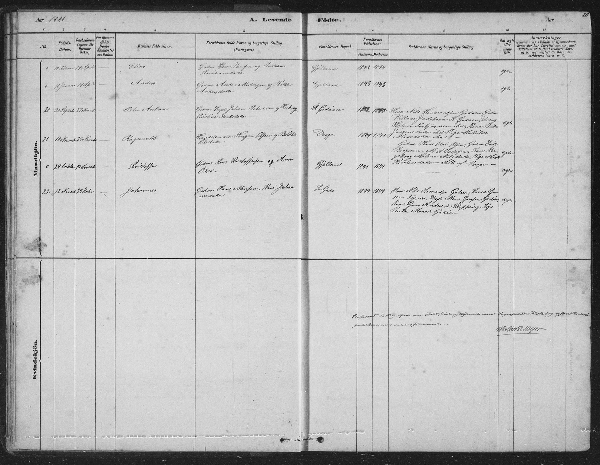 Tysnes sokneprestembete, AV/SAB-A-78601/H/Hab: Parish register (copy) no. B 2, 1878-1918, p. 20