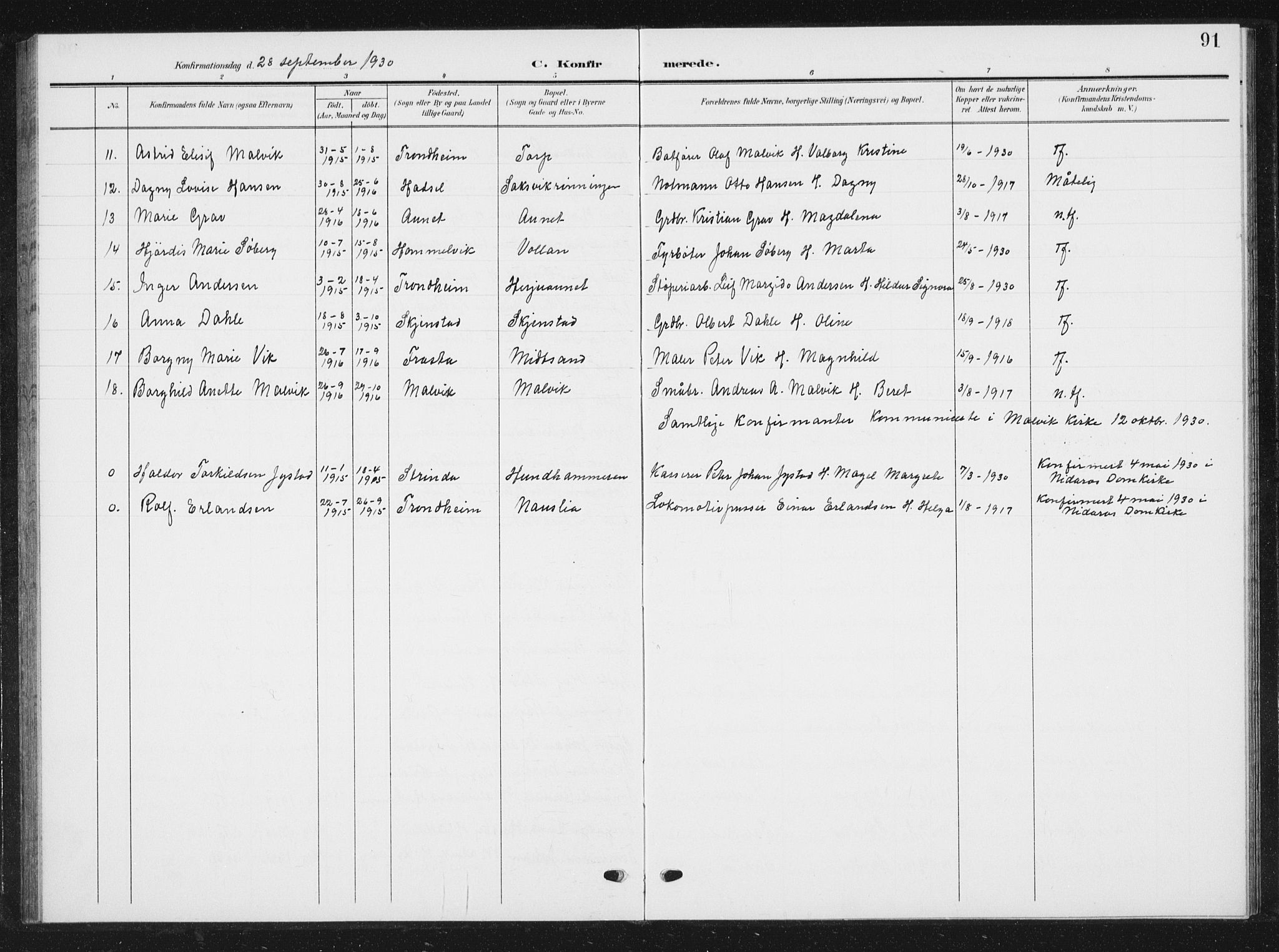 Ministerialprotokoller, klokkerbøker og fødselsregistre - Sør-Trøndelag, SAT/A-1456/616/L0424: Parish register (copy) no. 616C07, 1904-1940, p. 91