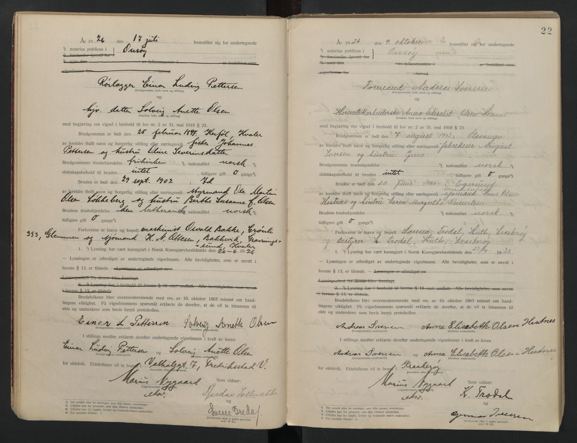 Onsøy sorenskriveri, AV/SAO-A-10474/L/La/L0001: Vigselsbok, 1920-1942, p. 22