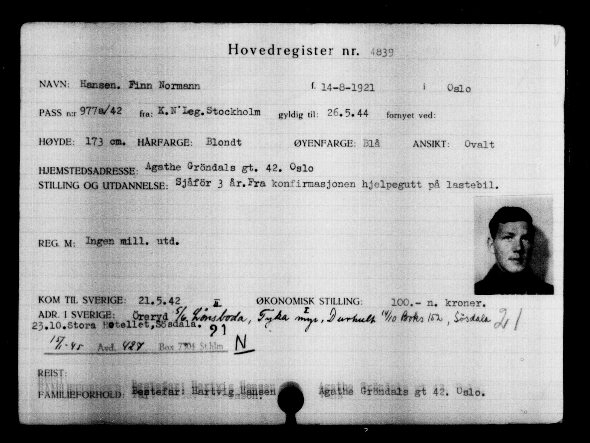 Utenriksstasjonene, Legasjonen i Stockholm, Flyktningkontoret, AV/RA-S-6753/V/Va/L0004: Kjesäterkartoteket, flyktninger med registreringsnr. 3496-6610, 1940-1945, p. 1592