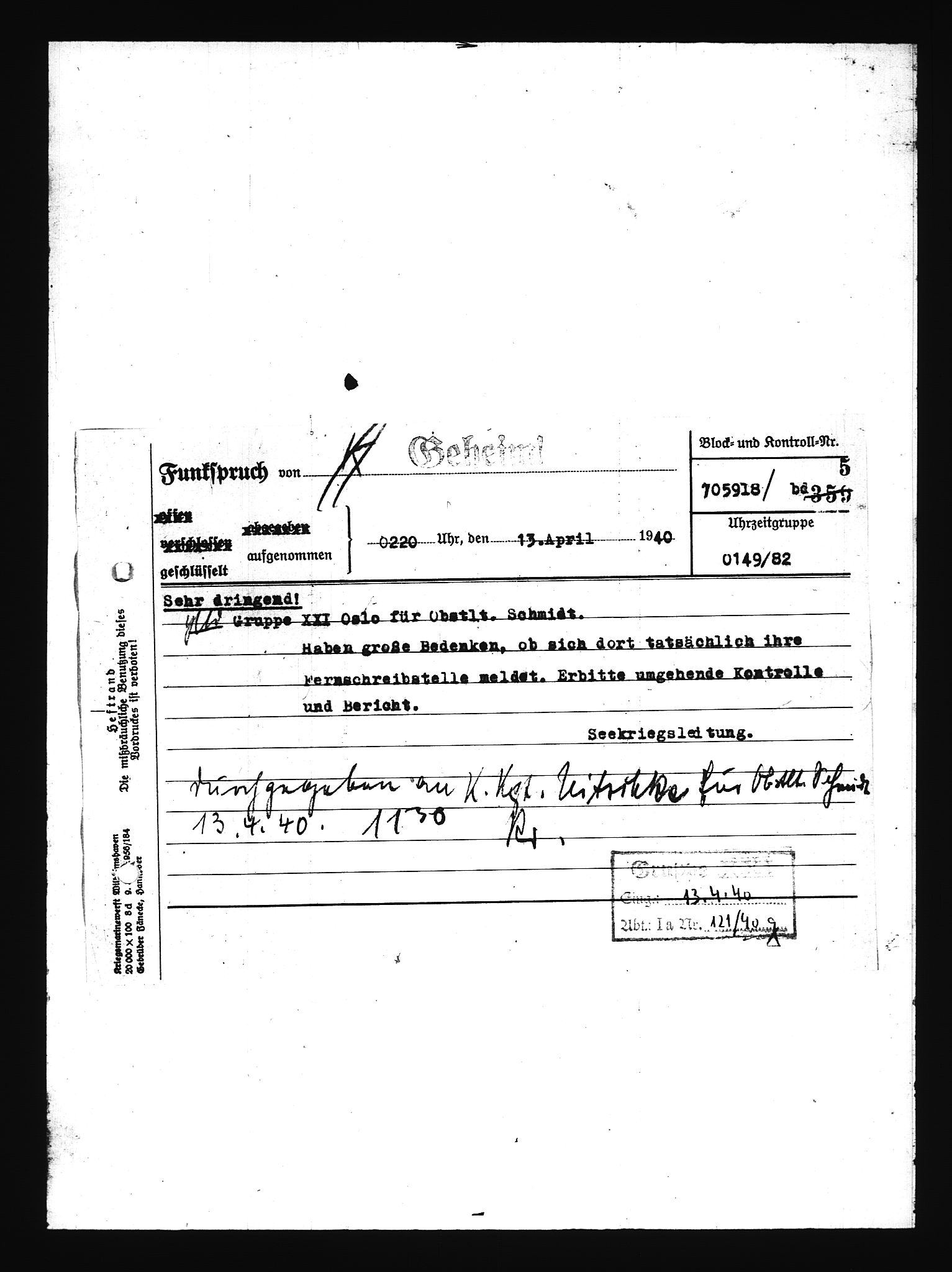 Documents Section, RA/RAFA-2200/V/L0076: Amerikansk mikrofilm "Captured German Documents".
Box No. 715.  FKA jnr. 619/1954., 1940, p. 179