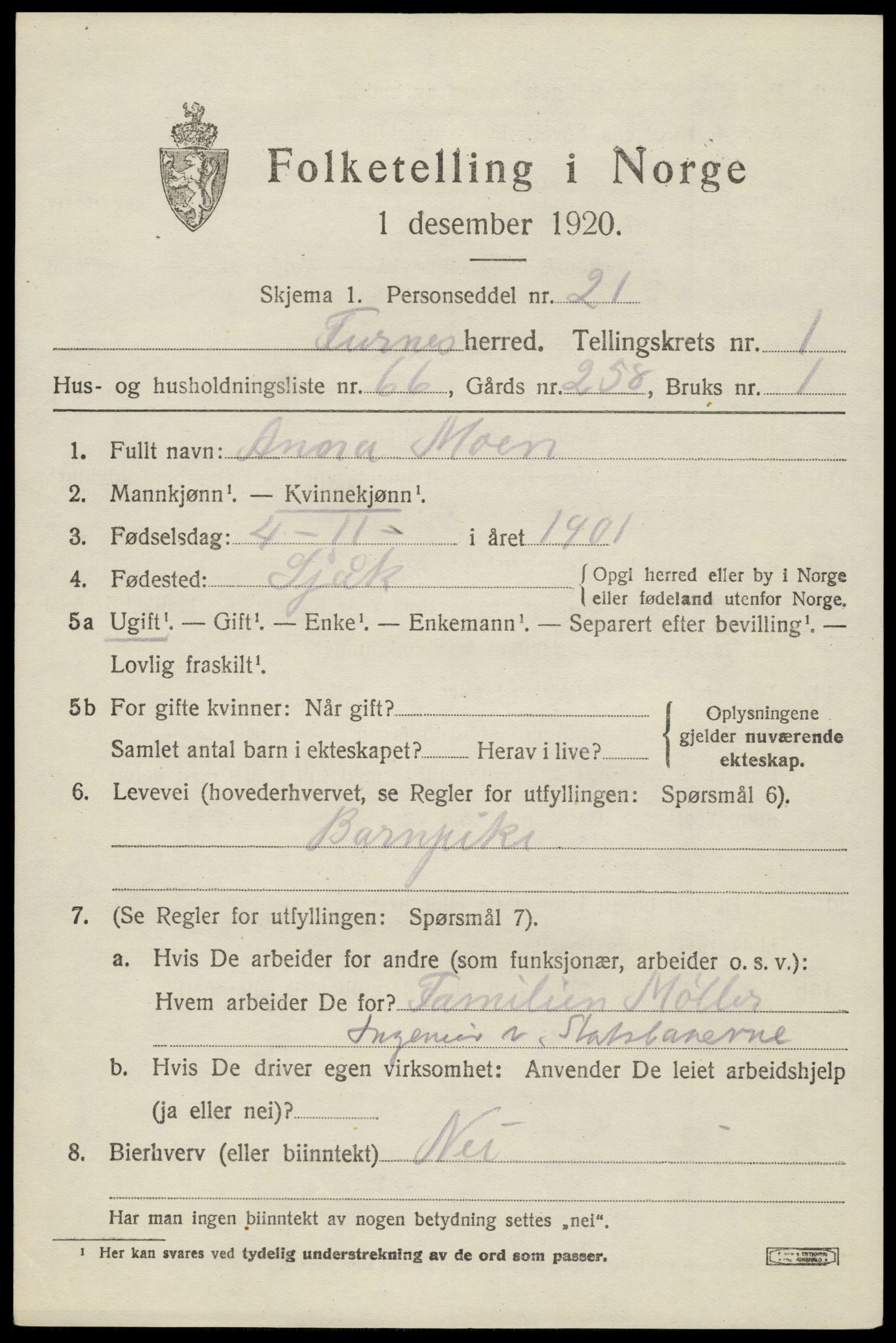 SAH, 1920 census for Furnes, 1920, p. 2419