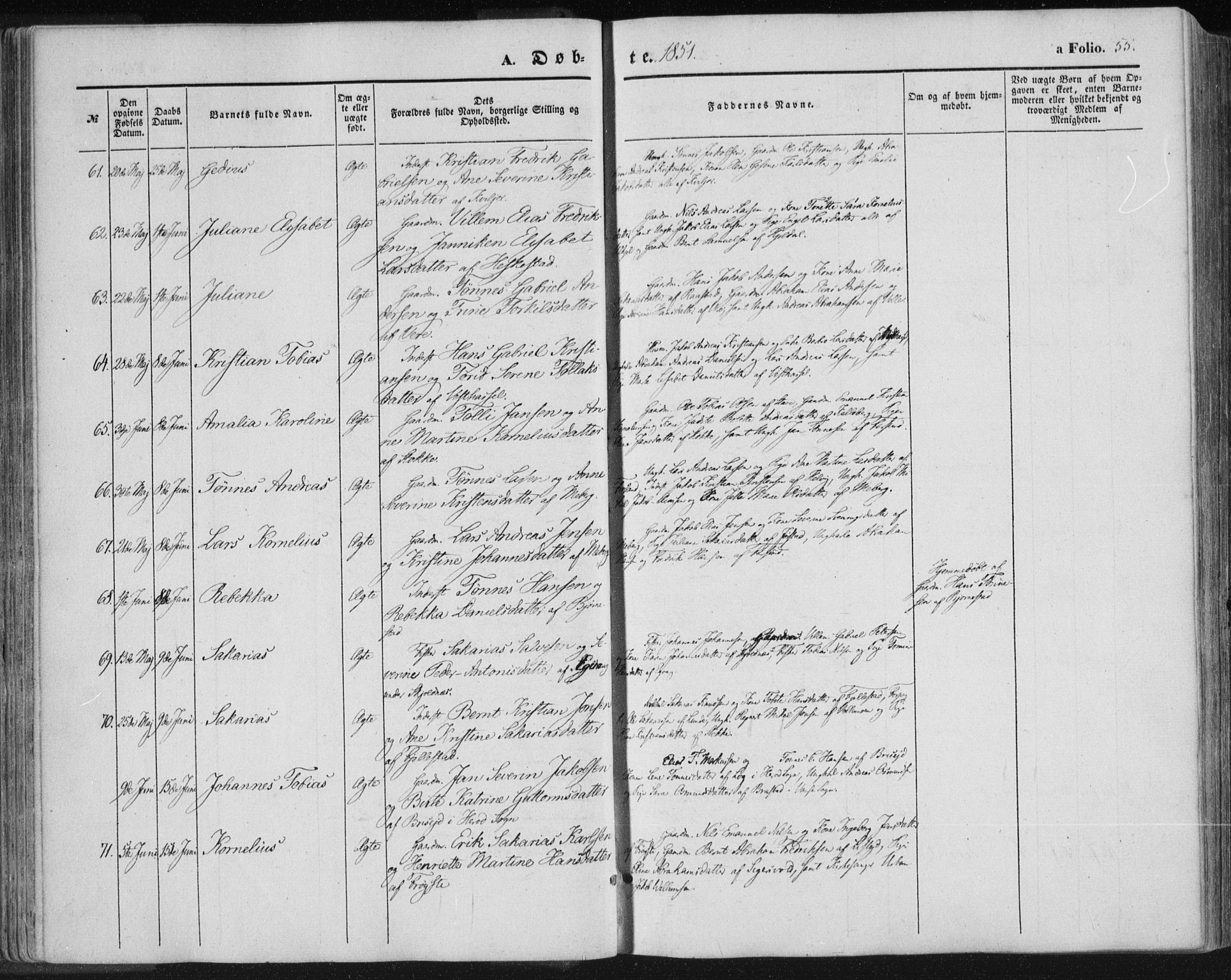 Lista sokneprestkontor, SAK/1111-0027/F/Fa/L0010: Parish register (official) no. A 10, 1846-1861, p. 55