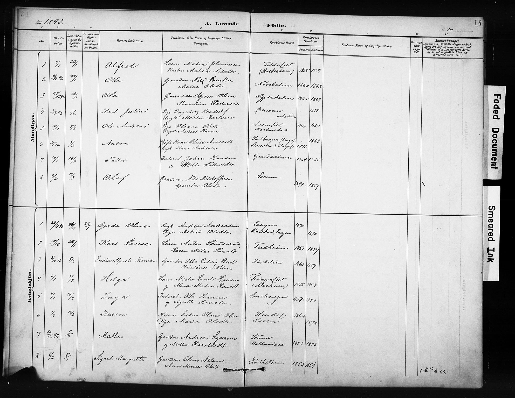 Nordre Land prestekontor, SAH/PREST-124/H/Ha/Hab/L0012: Parish register (copy) no. 12, 1891-1909, p. 14