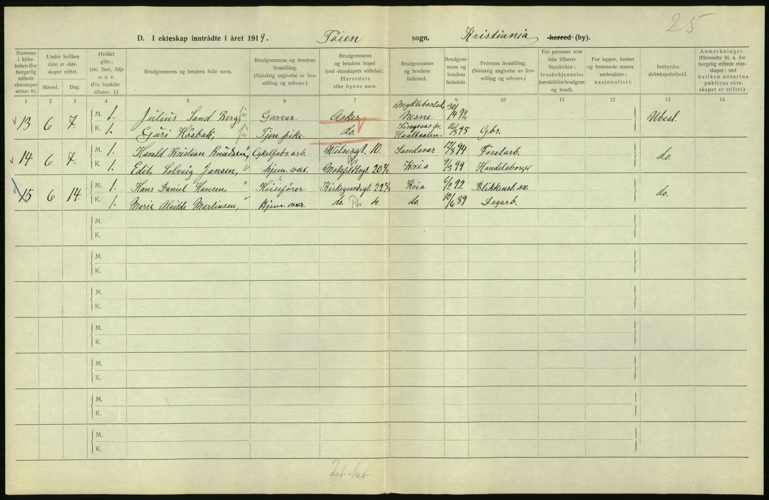 Statistisk sentralbyrå, Sosiodemografiske emner, Befolkning, RA/S-2228/D/Df/Dfb/Dfbi/L0009: Kristiania: Gifte, 1919, p. 736