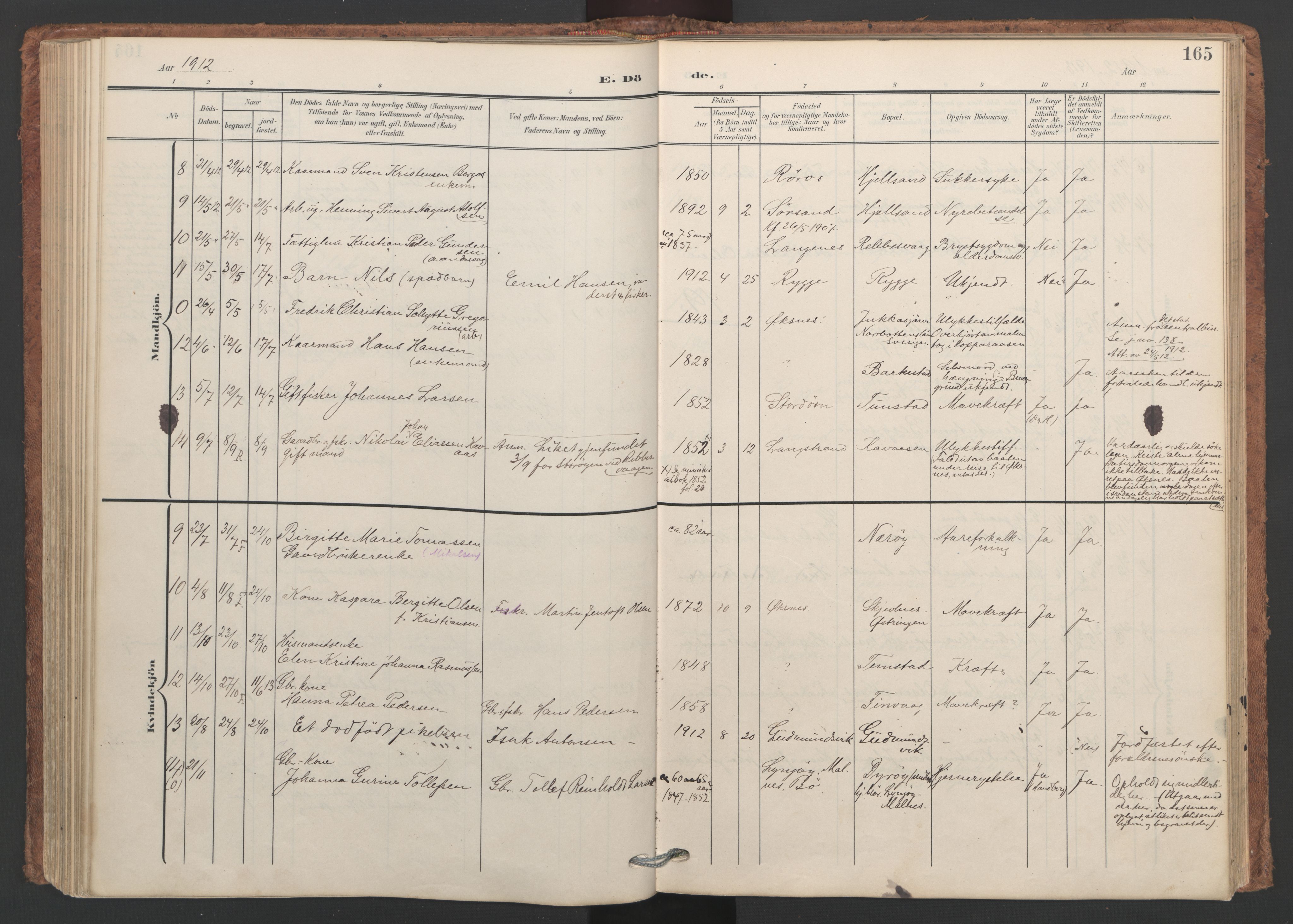 Ministerialprotokoller, klokkerbøker og fødselsregistre - Nordland, SAT/A-1459/893/L1339: Parish register (official) no. 893A11, 1904-1914, p. 165