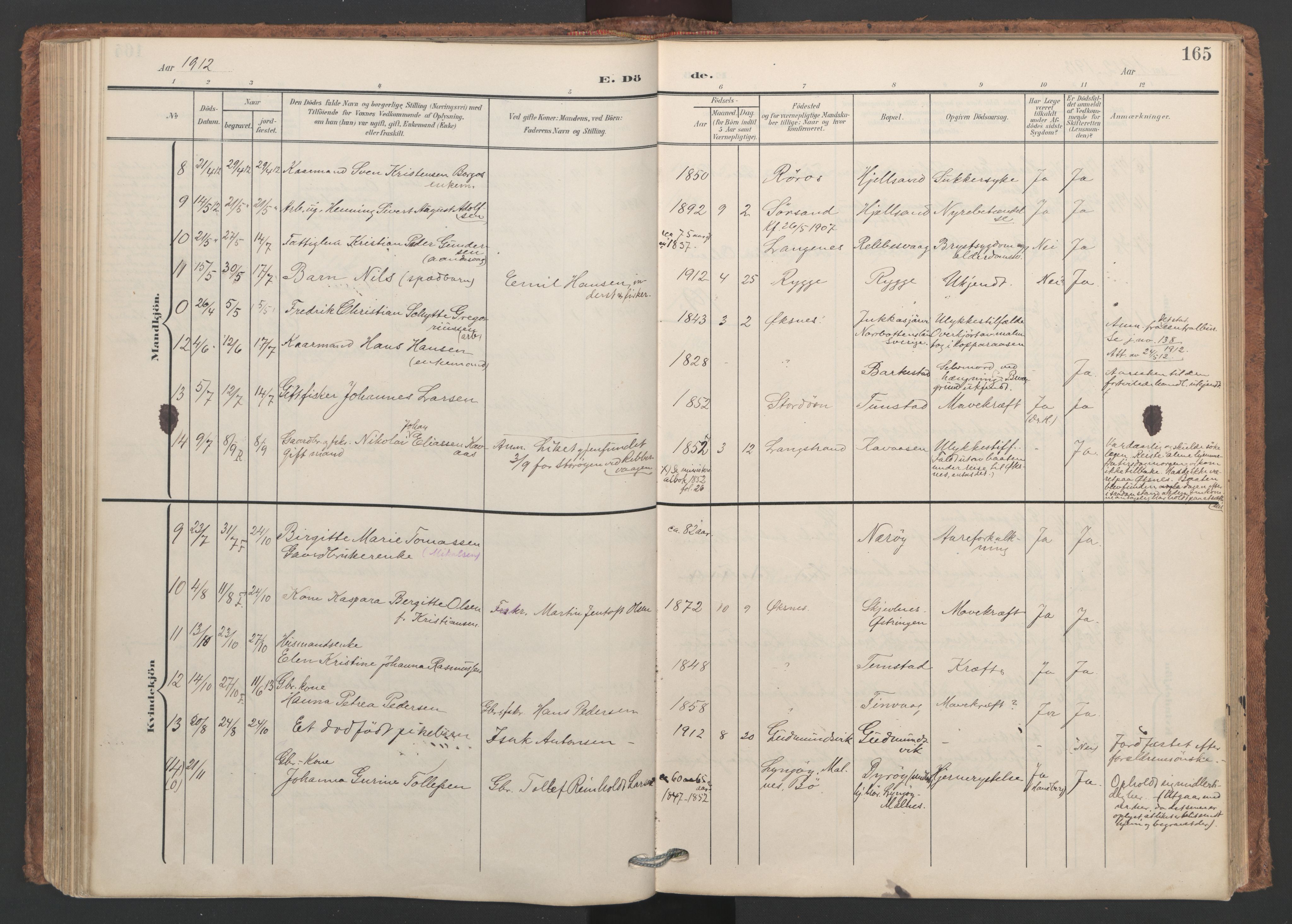 Ministerialprotokoller, klokkerbøker og fødselsregistre - Nordland, AV/SAT-A-1459/893/L1339: Parish register (official) no. 893A11, 1904-1914, p. 165
