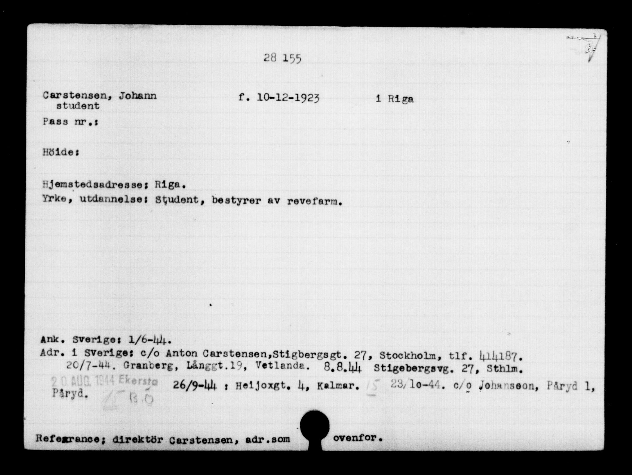 Utenriksstasjonene, Legasjonen i Stockholm, Flyktningkontoret, AV/RA-S-6753/V/Va/L0011: Kjesäterkartoteket, flyktninger med registreringsnr. 25300-28349, 1940-1945, p. 3038