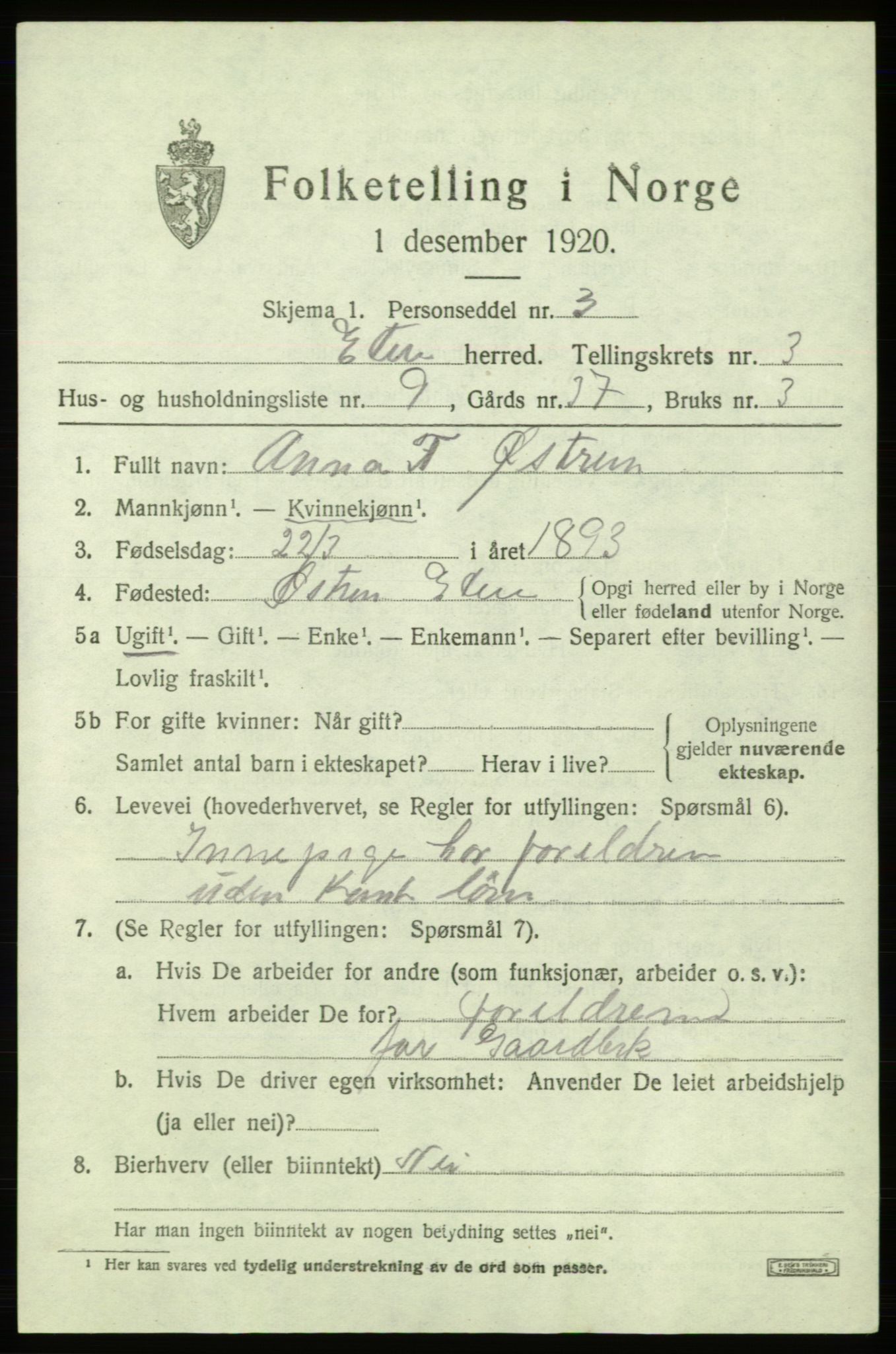 SAB, 1920 census for Etne, 1920, p. 1815