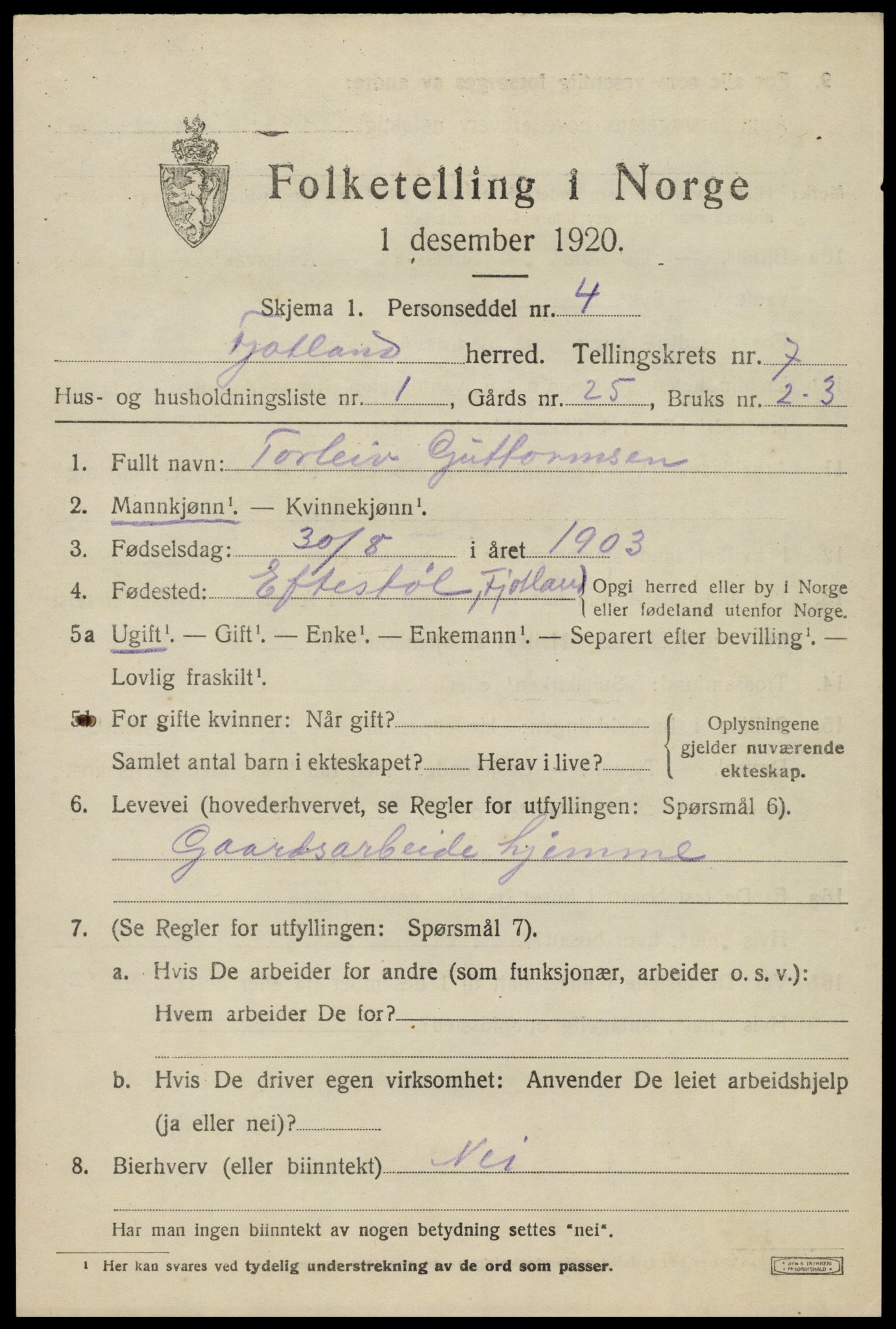 SAK, 1920 census for Fjotland, 1920, p. 1818