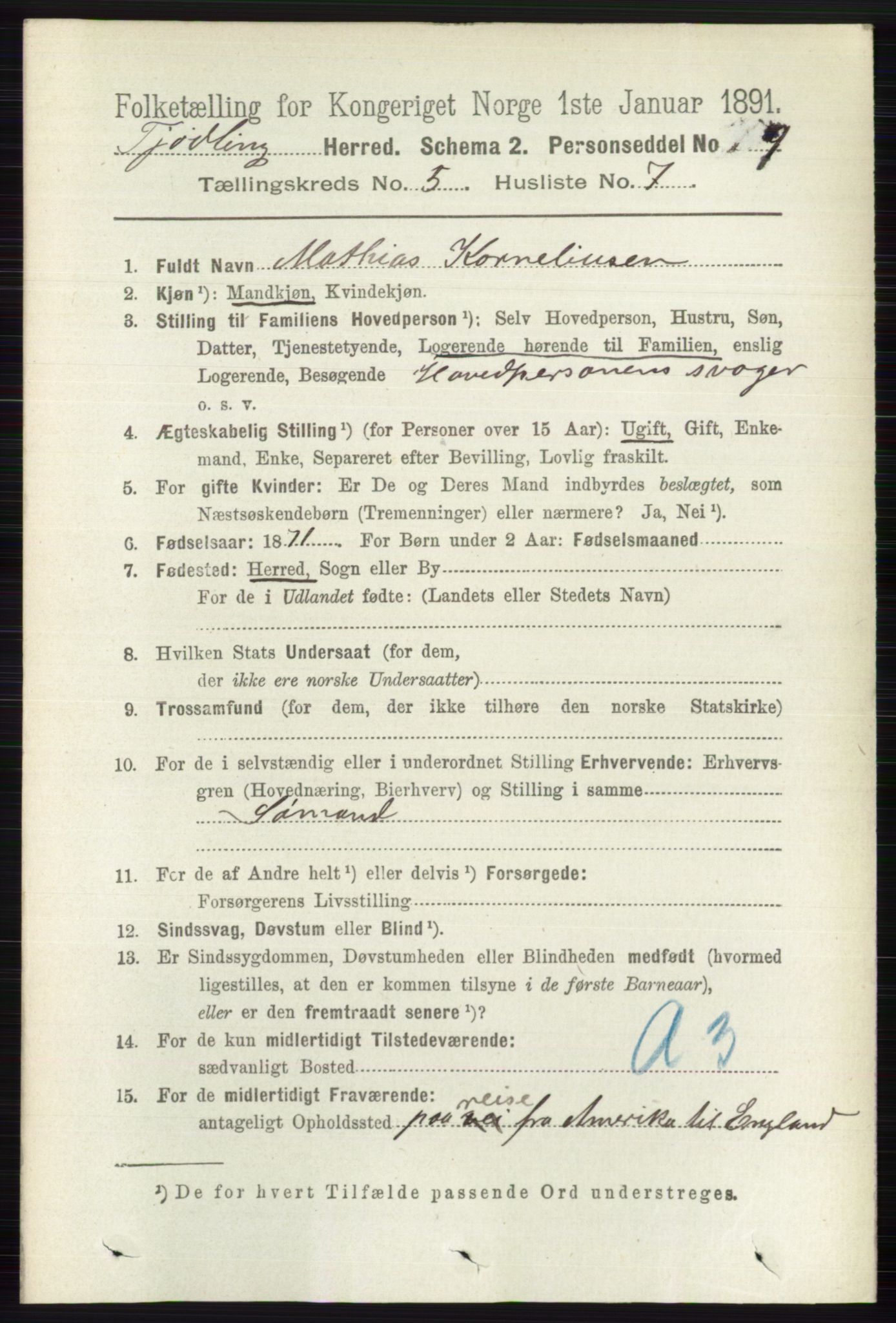 RA, 1891 census for 0725 Tjølling, 1891, p. 2025