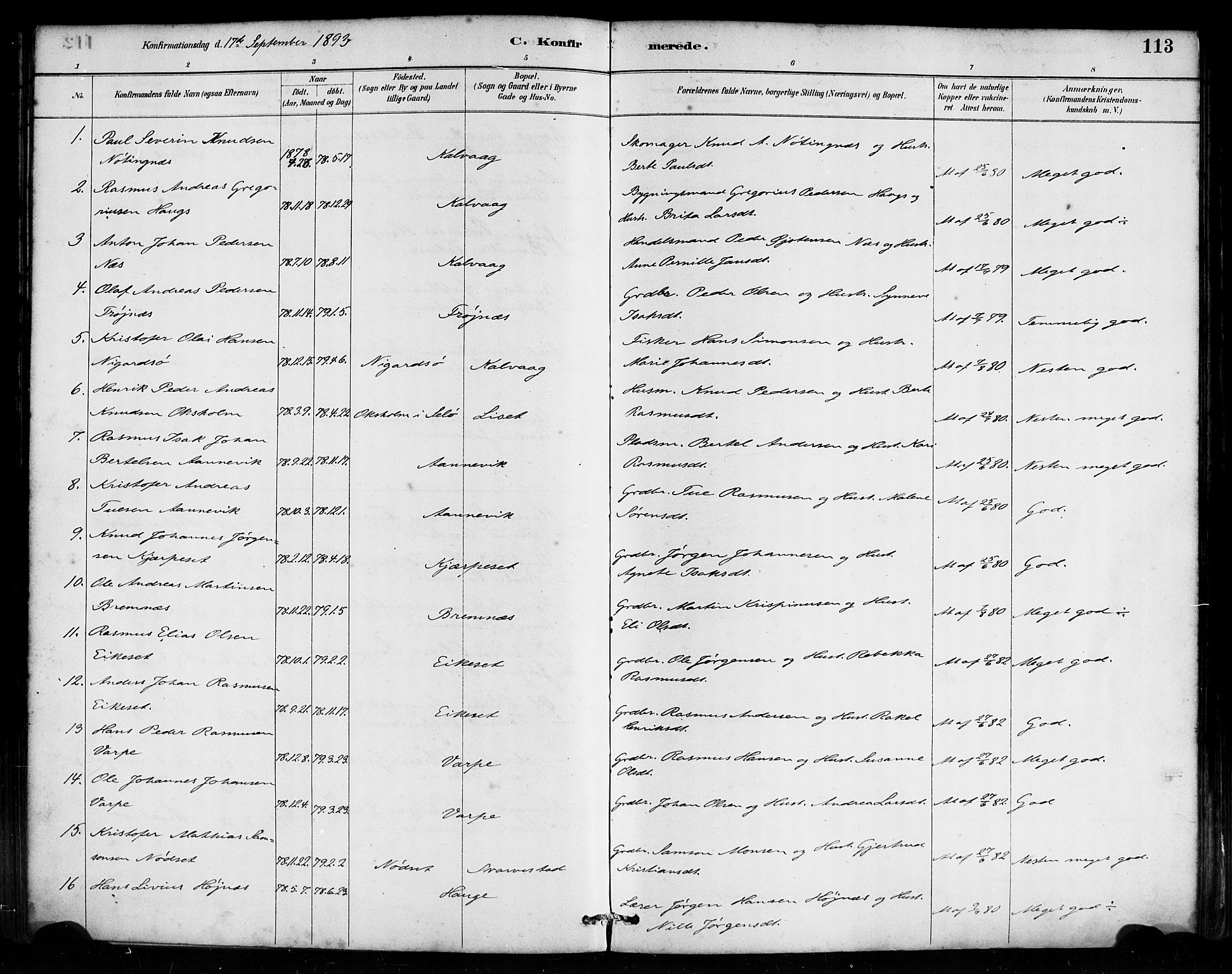 Bremanger sokneprestembete, AV/SAB-A-82201/H/Haa/Haab/L0001: Parish register (official) no. B 1, 1884-1895, p. 113