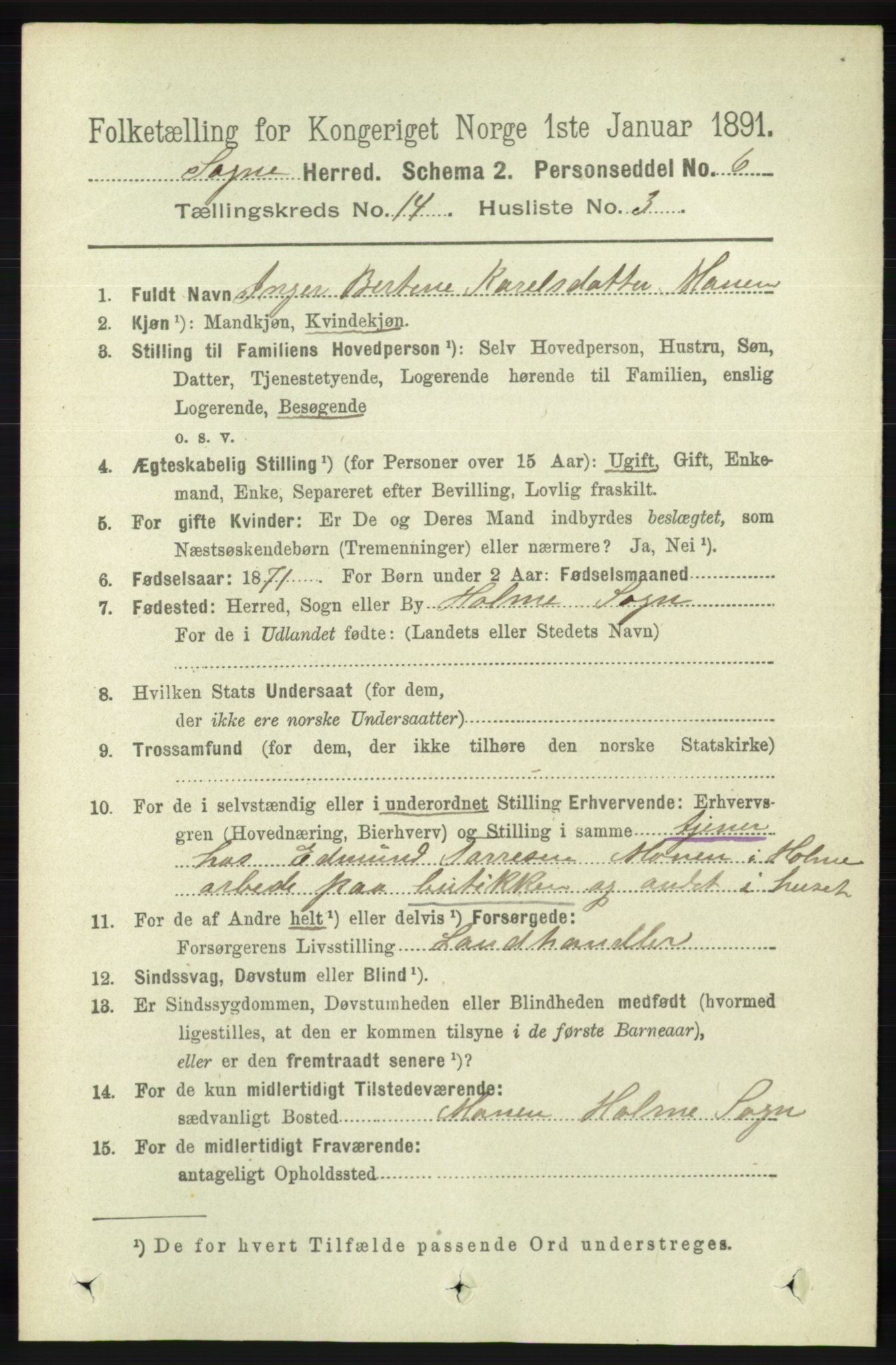 RA, 1891 census for 1018 Søgne, 1891, p. 3418
