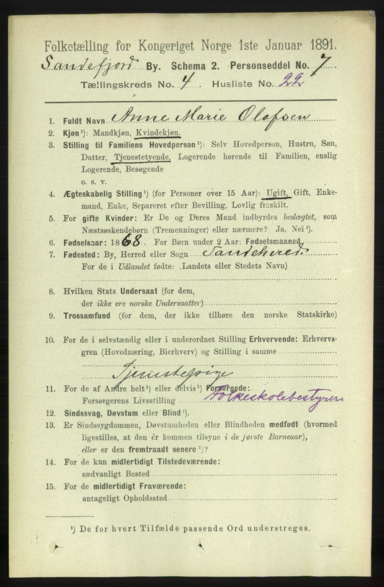 RA, 1891 census for 0706 Sandefjord, 1891, p. 1333