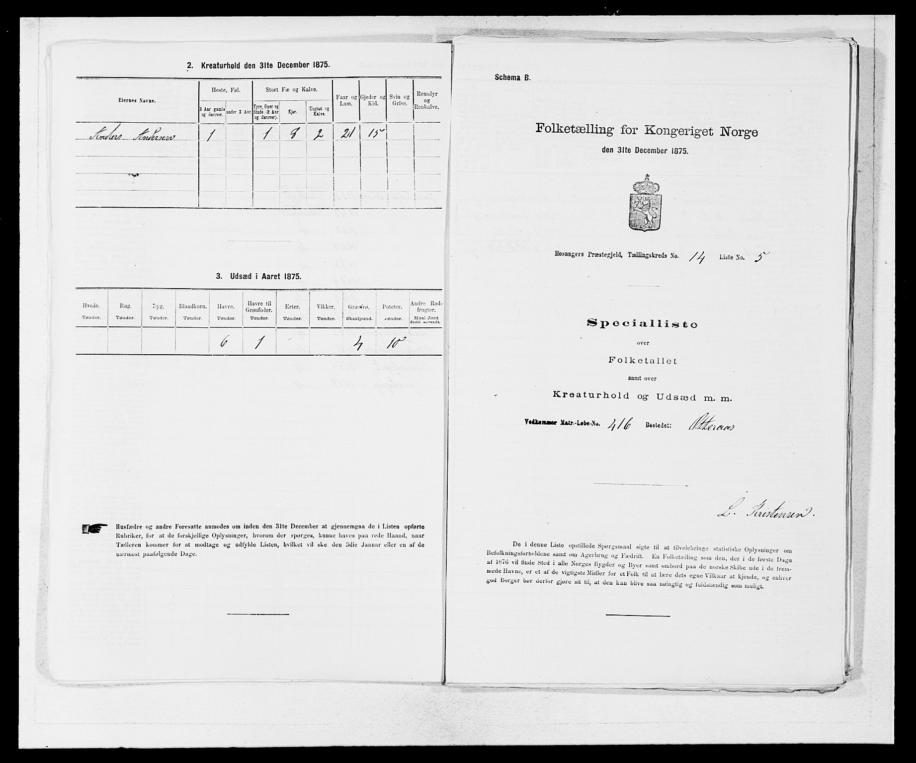 SAB, 1875 census for 1253P Hosanger, 1875, p. 1066