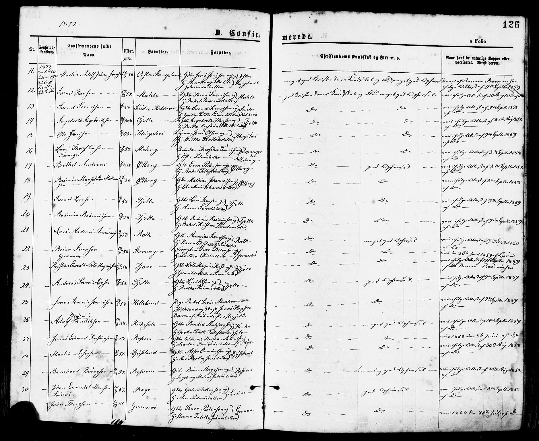 Håland sokneprestkontor, SAST/A-101802/001/30BA/L0009: Parish register (official) no. A 8, 1871-1882, p. 126