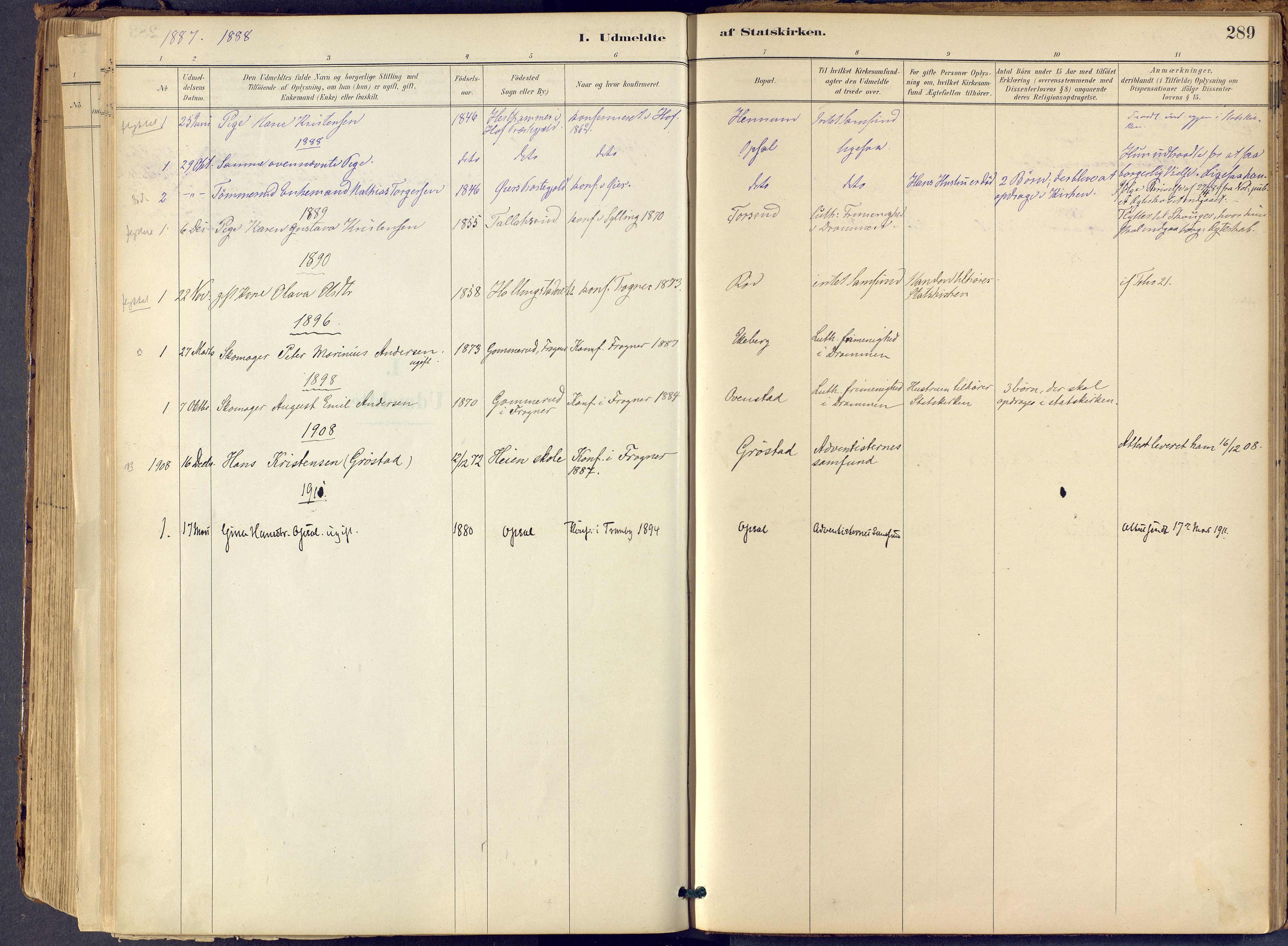 Lier kirkebøker, SAKO/A-230/F/Fb/L0001: Parish register (official) no. II 1, 1883-1910, p. 289