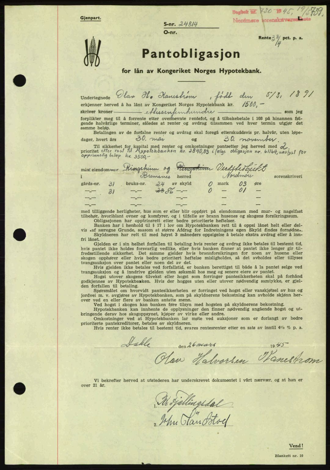 Nordmøre sorenskriveri, AV/SAT-A-4132/1/2/2Ca: Mortgage book no. B92, 1944-1945, Diary no: : 730/1945