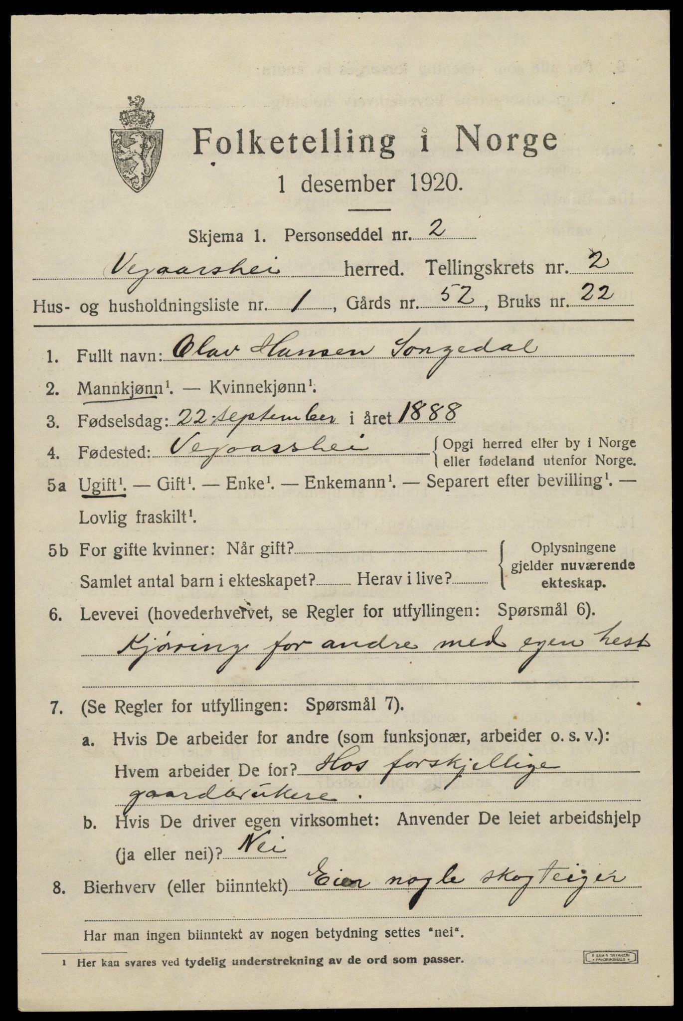 SAK, 1920 census for Vegårshei, 1920, p. 1218