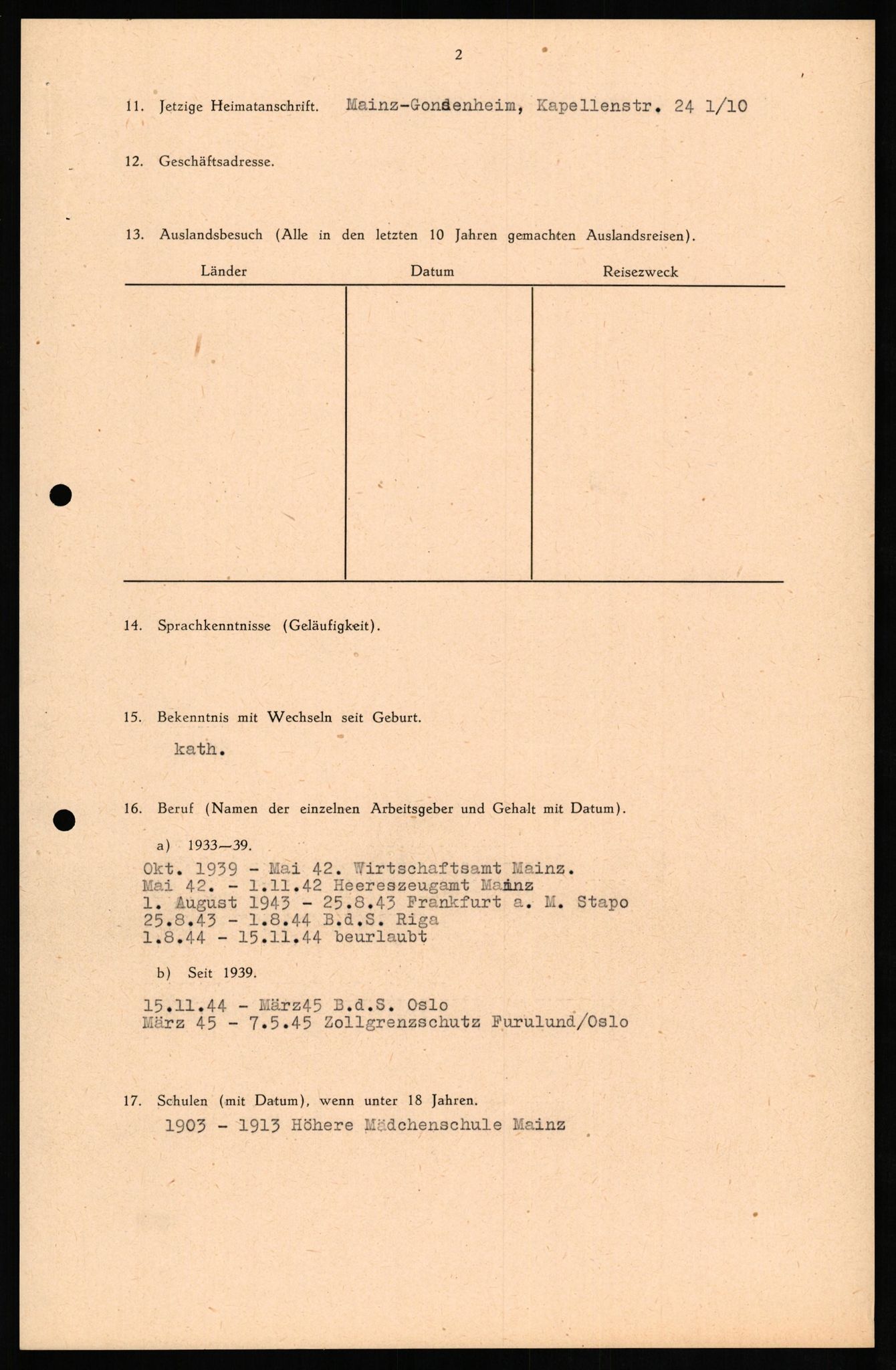 Forsvaret, Forsvarets overkommando II, RA/RAFA-3915/D/Db/L0017: CI Questionaires. Tyske okkupasjonsstyrker i Norge. Tyskere., 1945-1946, p. 440