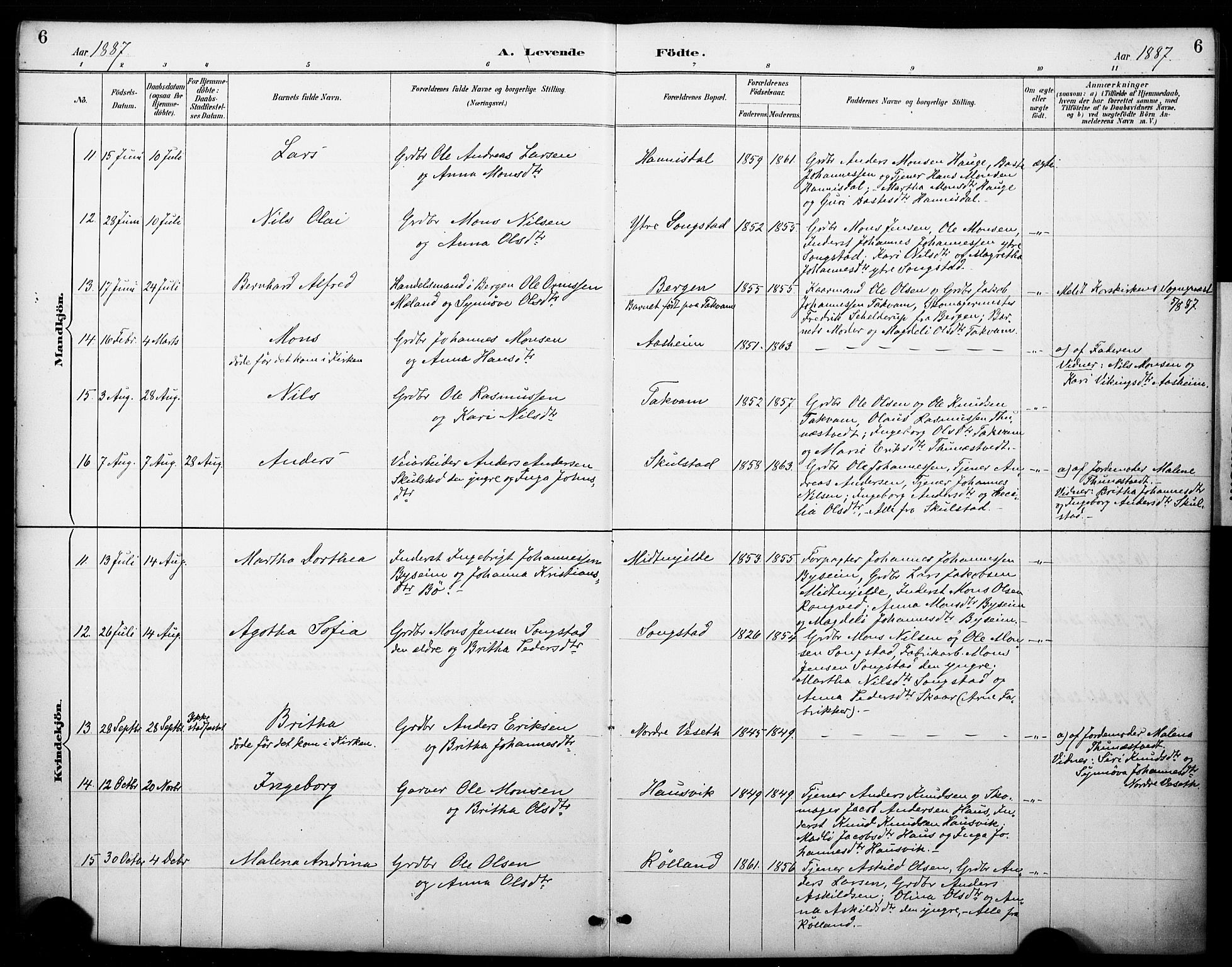 Haus sokneprestembete, SAB/A-75601/H/Haa: Parish register (official) no. B 1, 1887-1898, p. 6