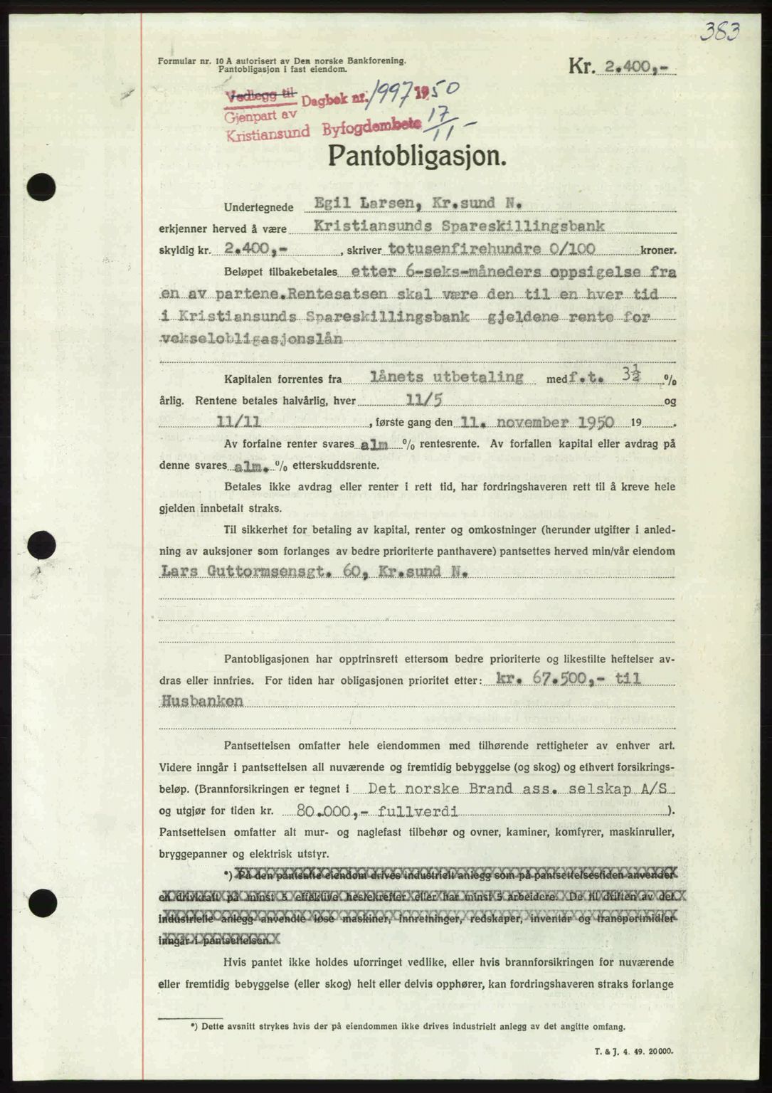 Kristiansund byfogd, AV/SAT-A-4587/A/27: Mortgage book no. 50, 1950-1950, Diary no: : 1997/1950