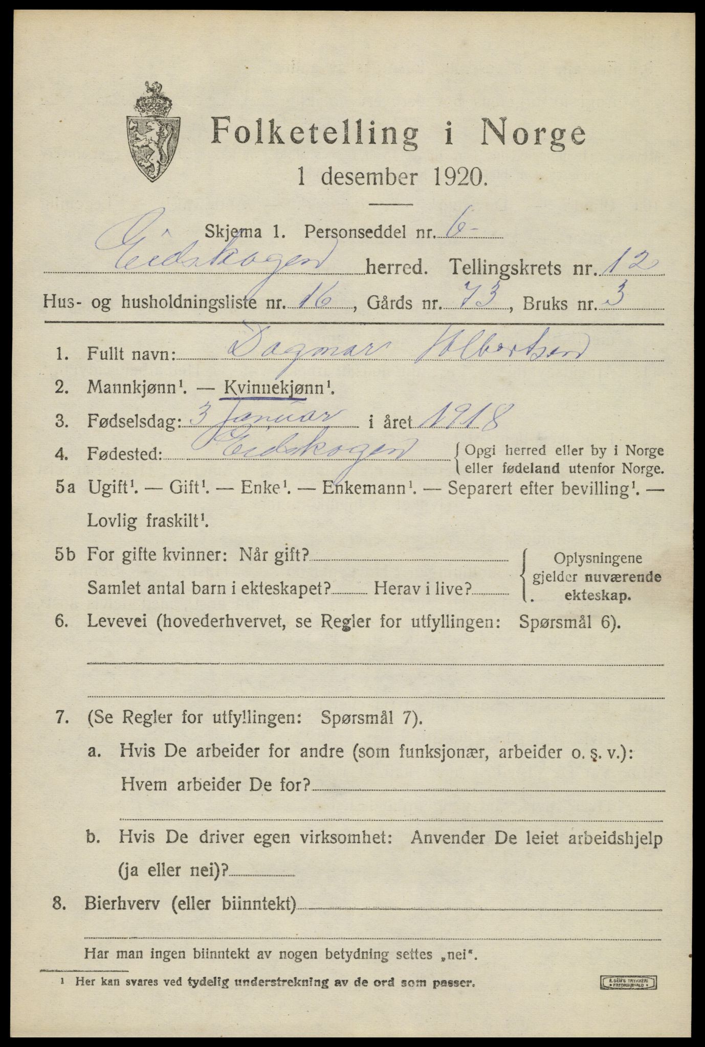 SAH, 1920 census for Eidskog, 1920, p. 11947