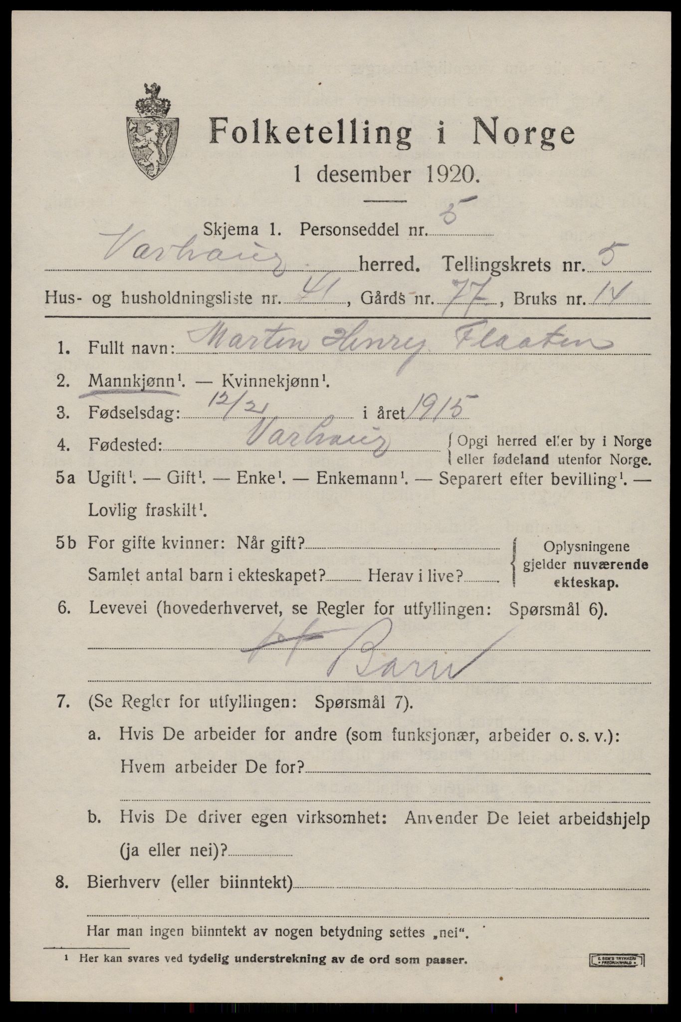 SAST, 1920 census for Varhaug, 1920, p. 4923