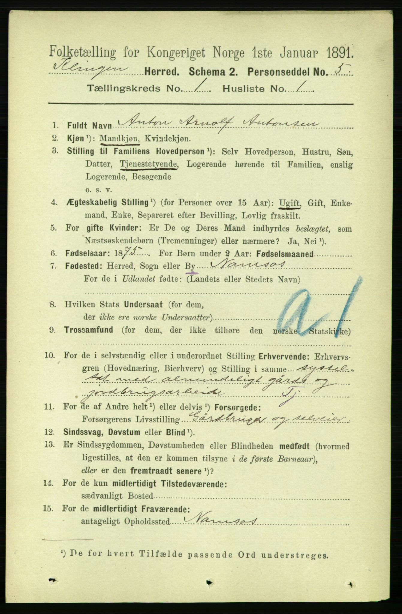 RA, 1891 census for 1746 Klinga, 1891, p. 88