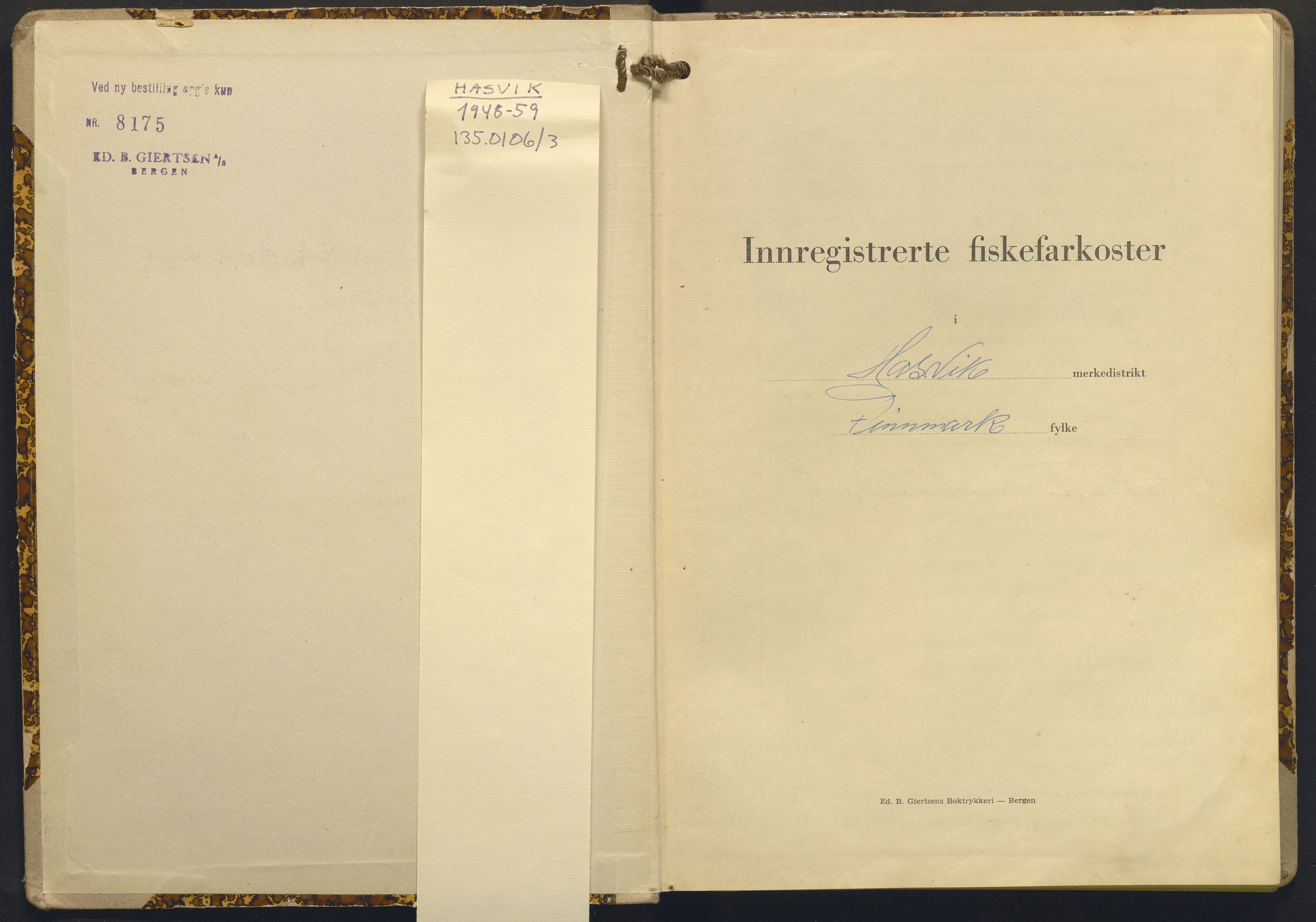 Fiskeridirektoratet - 1 Adm. ledelse - 13 Båtkontoret, AV/SAB-A-2003/I/Ia/Ia.a/L0018: 135.0106/3 Merkeprotokoll - Hasvik, 1959-1968