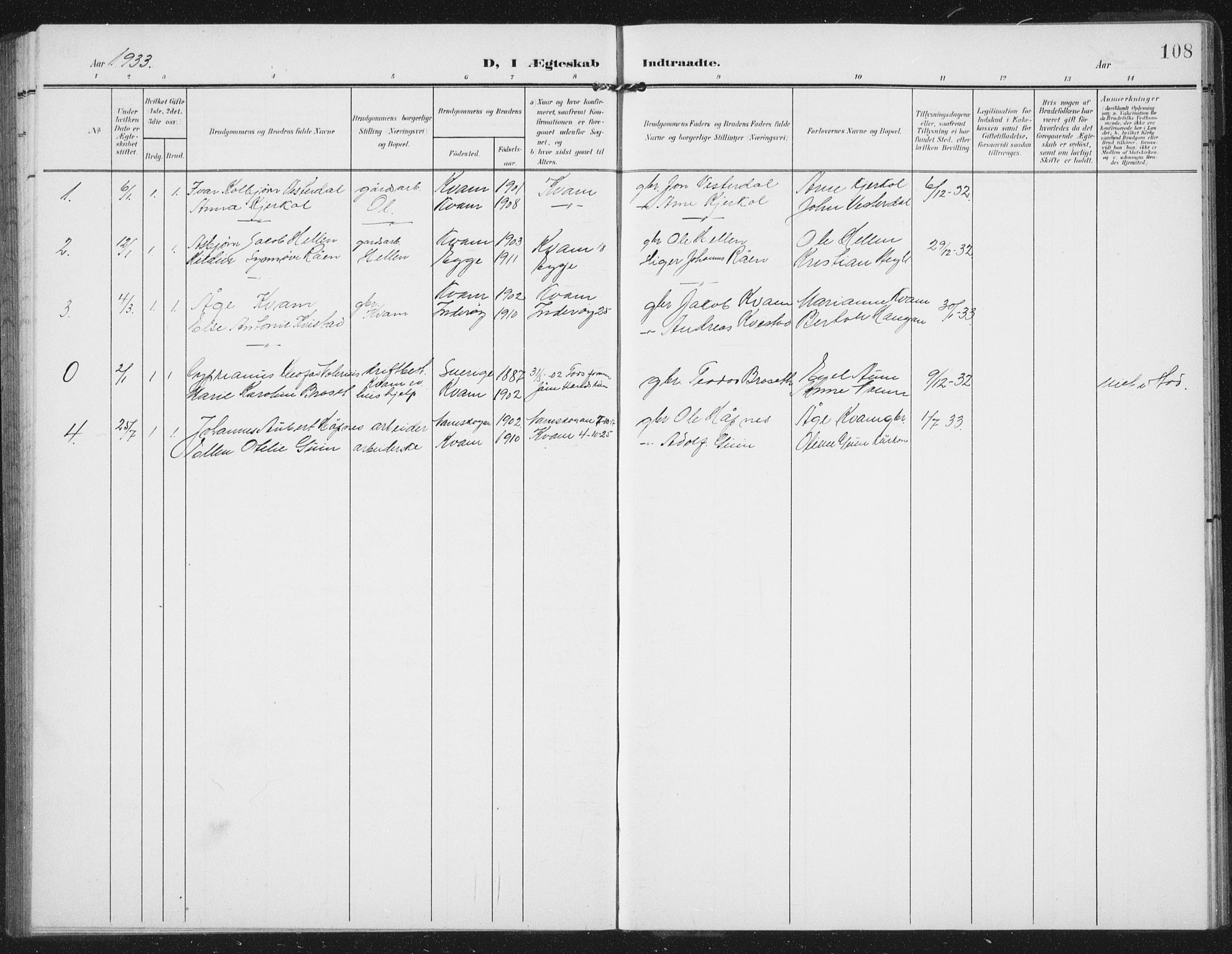 Ministerialprotokoller, klokkerbøker og fødselsregistre - Nord-Trøndelag, AV/SAT-A-1458/747/L0460: Parish register (copy) no. 747C02, 1908-1939, p. 108