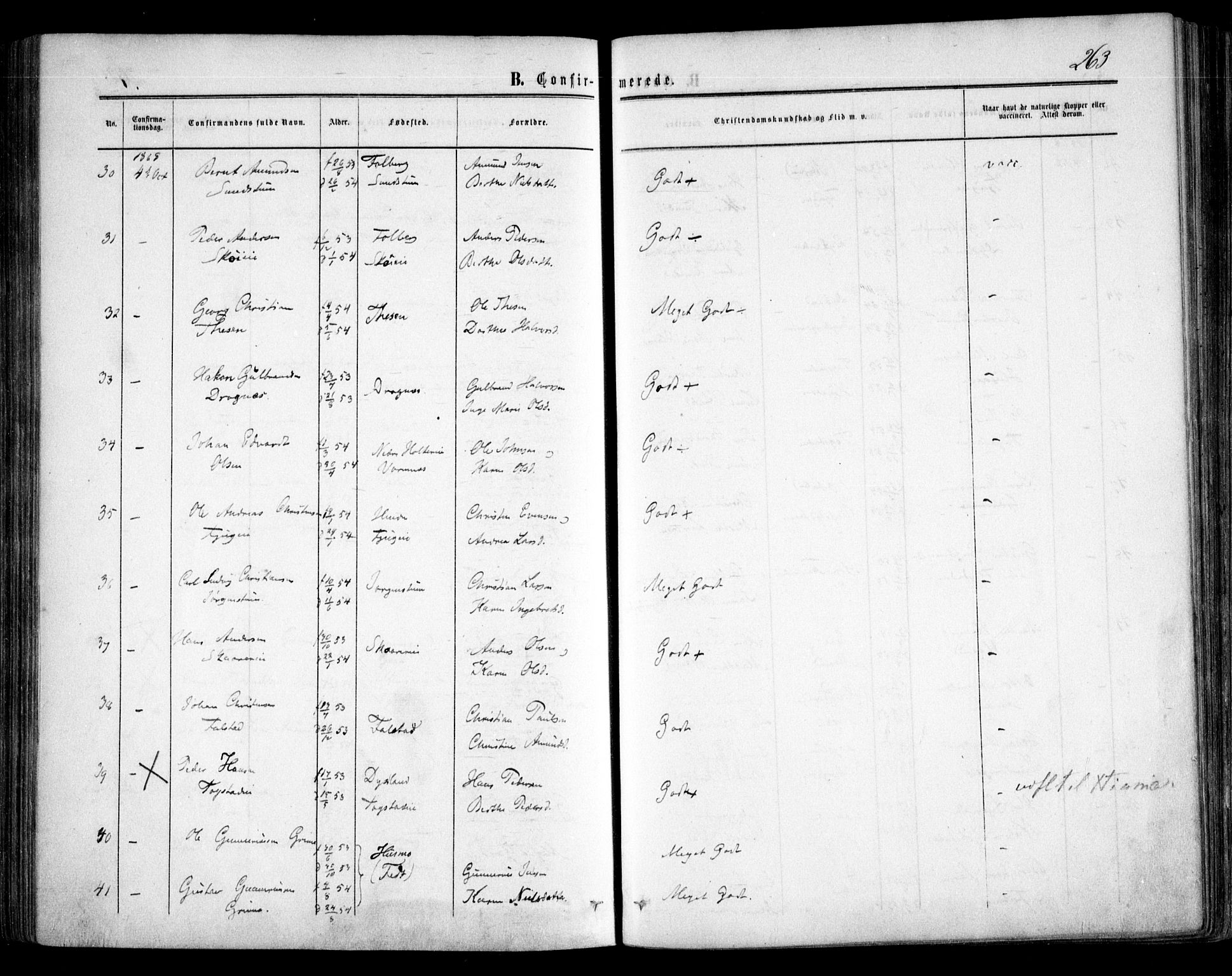 Nes prestekontor Kirkebøker, AV/SAO-A-10410/F/Fa/L0008: Parish register (official) no. I 8, 1859-1874, p. 263