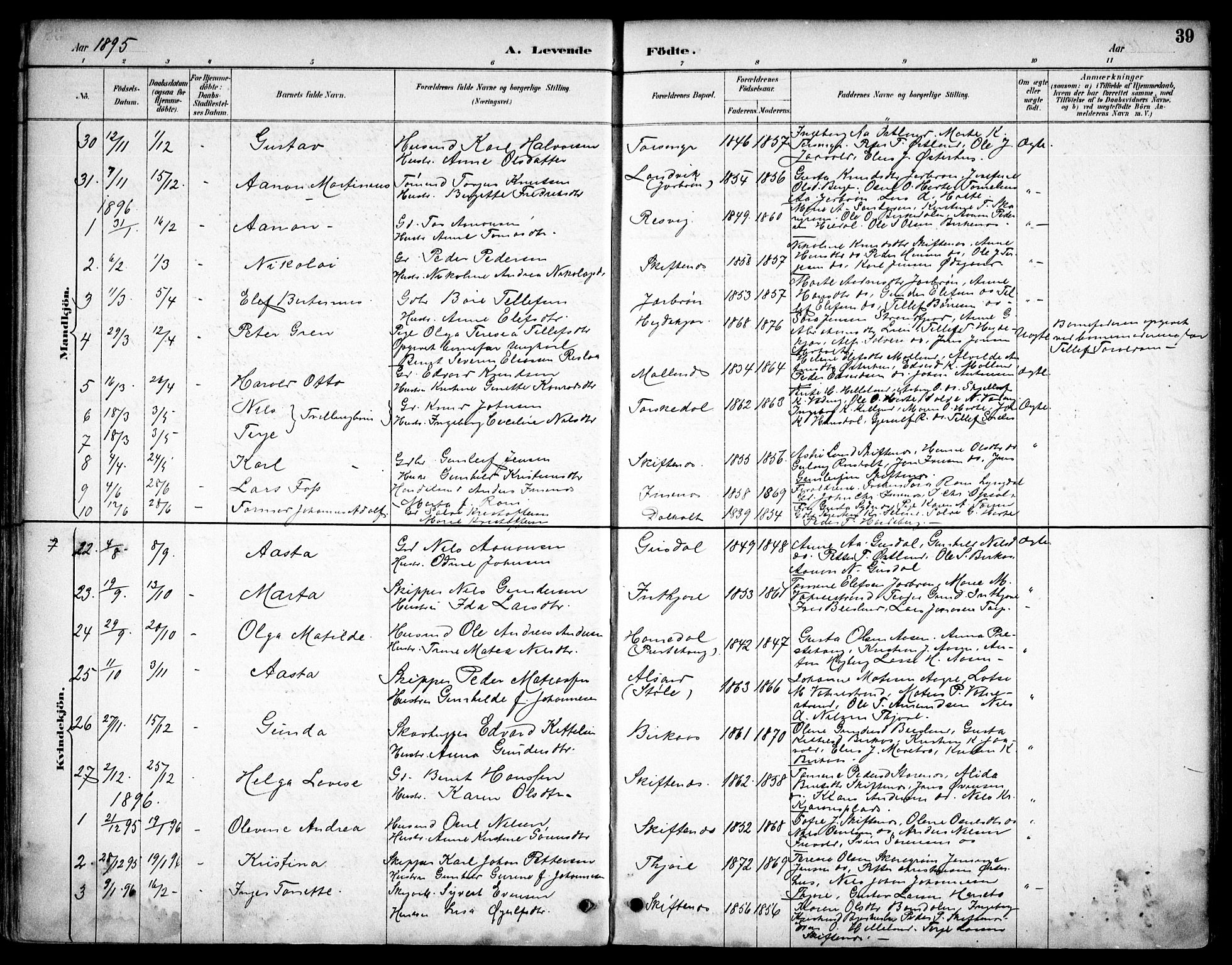 Hommedal sokneprestkontor, AV/SAK-1111-0023/F/Fb/Fbb/L0007: Parish register (copy) no. B 7, 1885-1904, p. 39