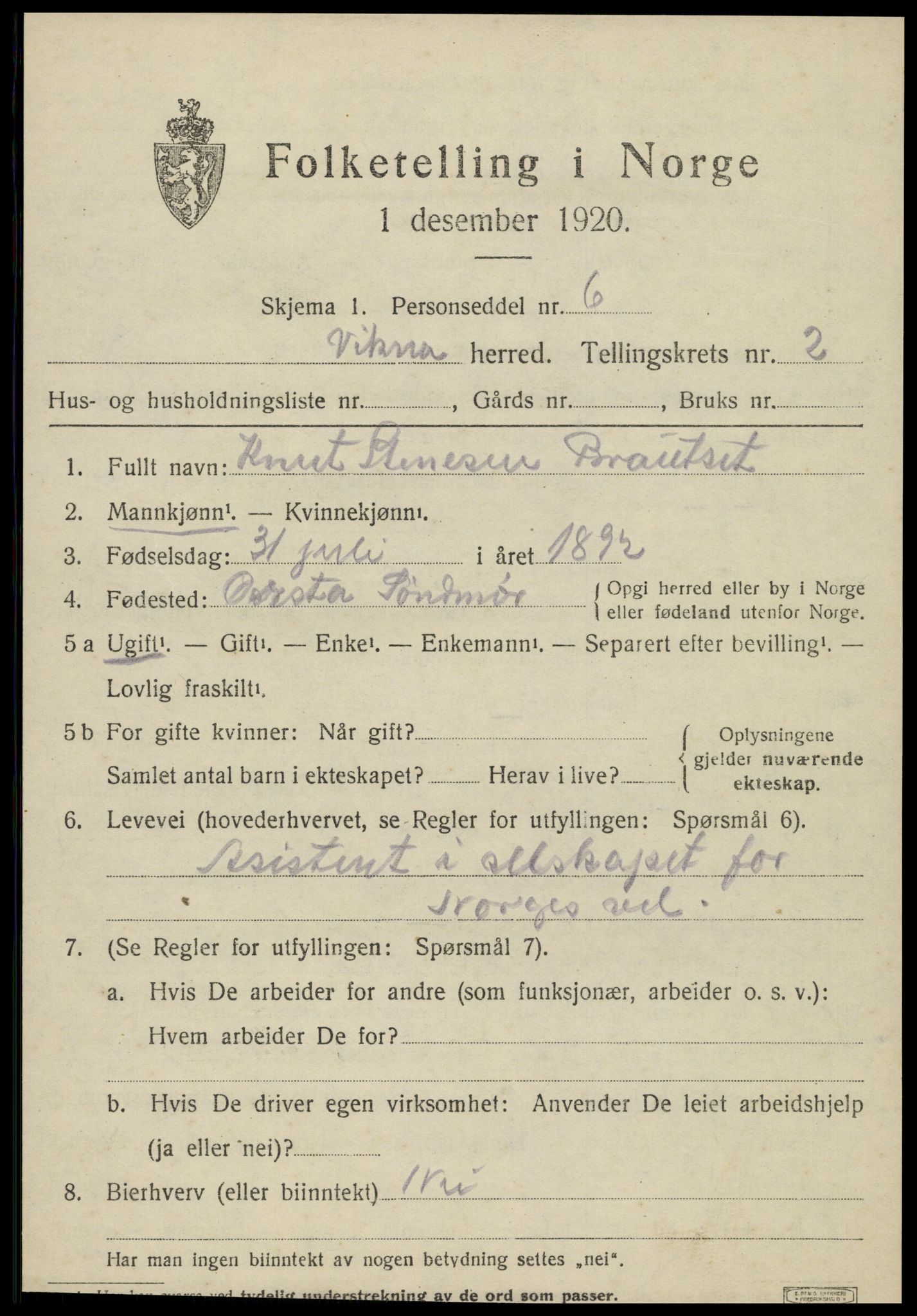 SAT, 1920 census for Vikna, 1920, p. 3253