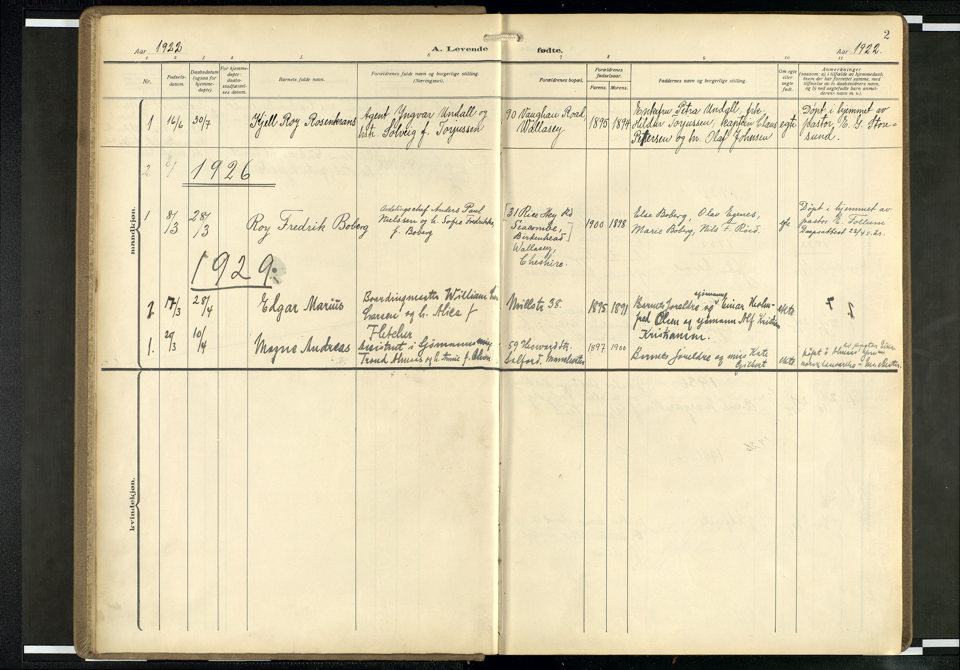 Den norske sjømannsmisjon i utlandet/Mersey-havnene (Liverpool), SAB/SAB/PA-0104/H/Ha/L0001: Parish register (official) no. A 1, 1919-1954, p. 1b-2a