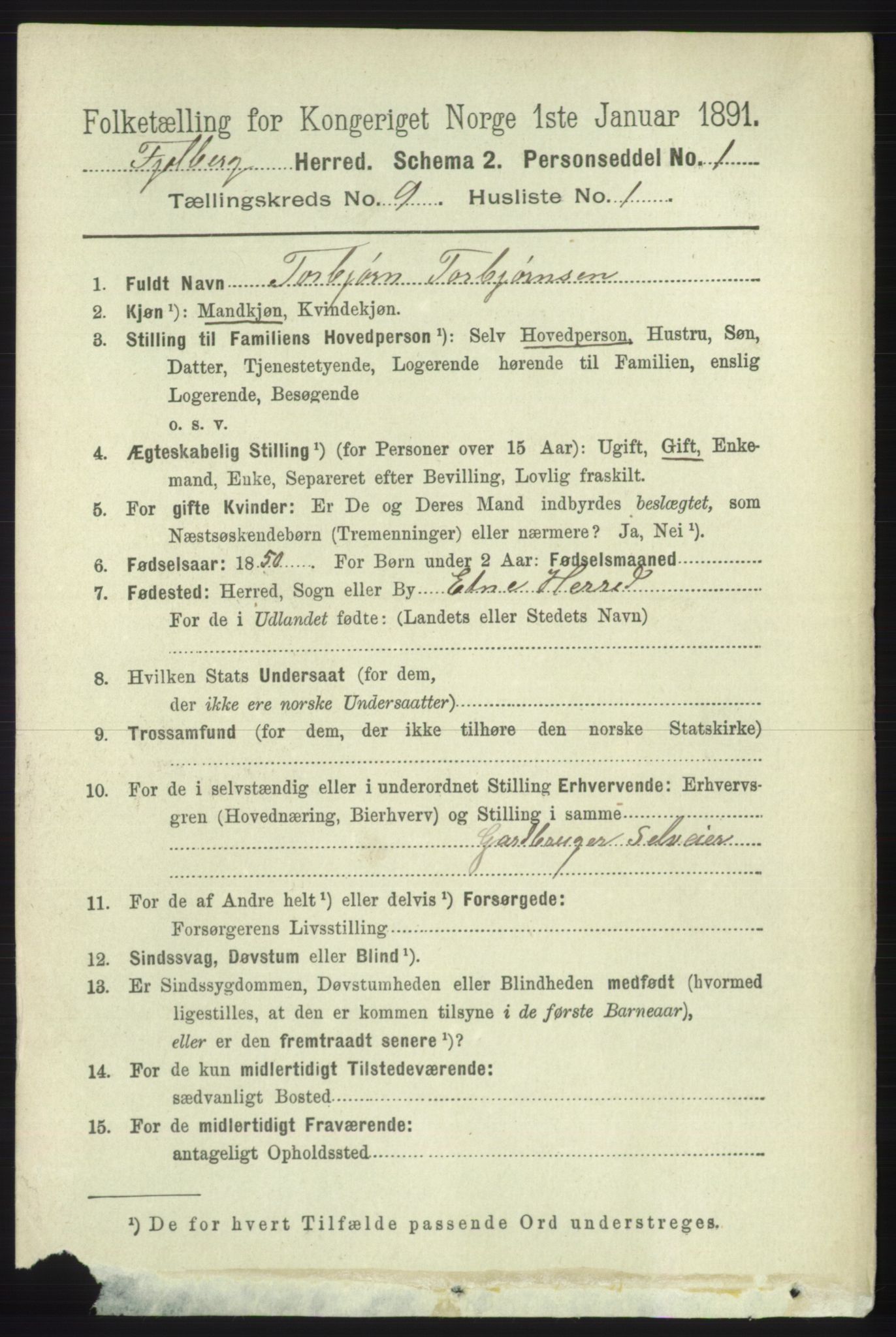 RA, 1891 census for 1213 Fjelberg, 1891, p. 3420