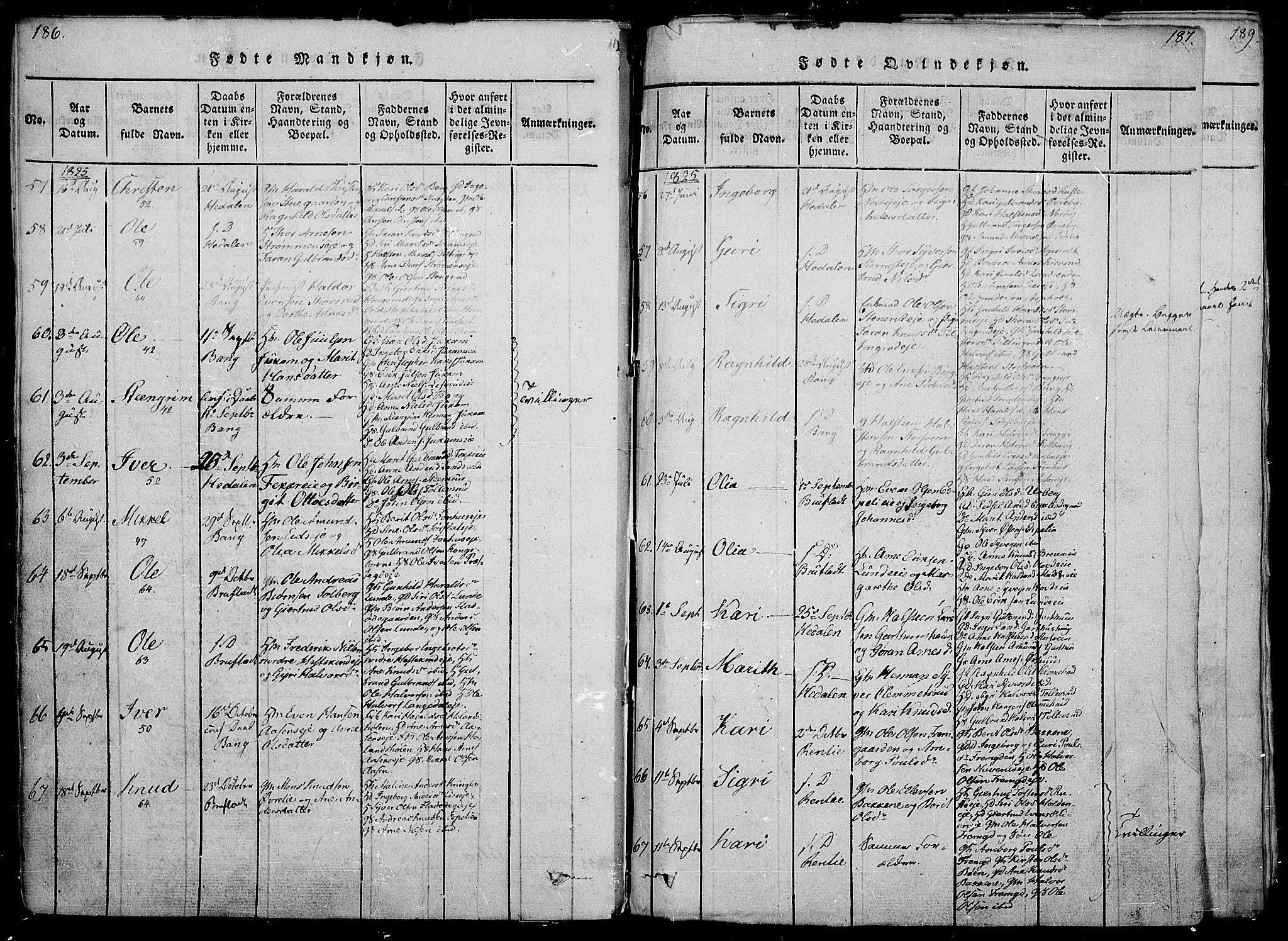 Sør-Aurdal prestekontor, SAH/PREST-128/H/Ha/Haa/L0002: Parish register (official) no. 2, 1815-1840, p. 186-187