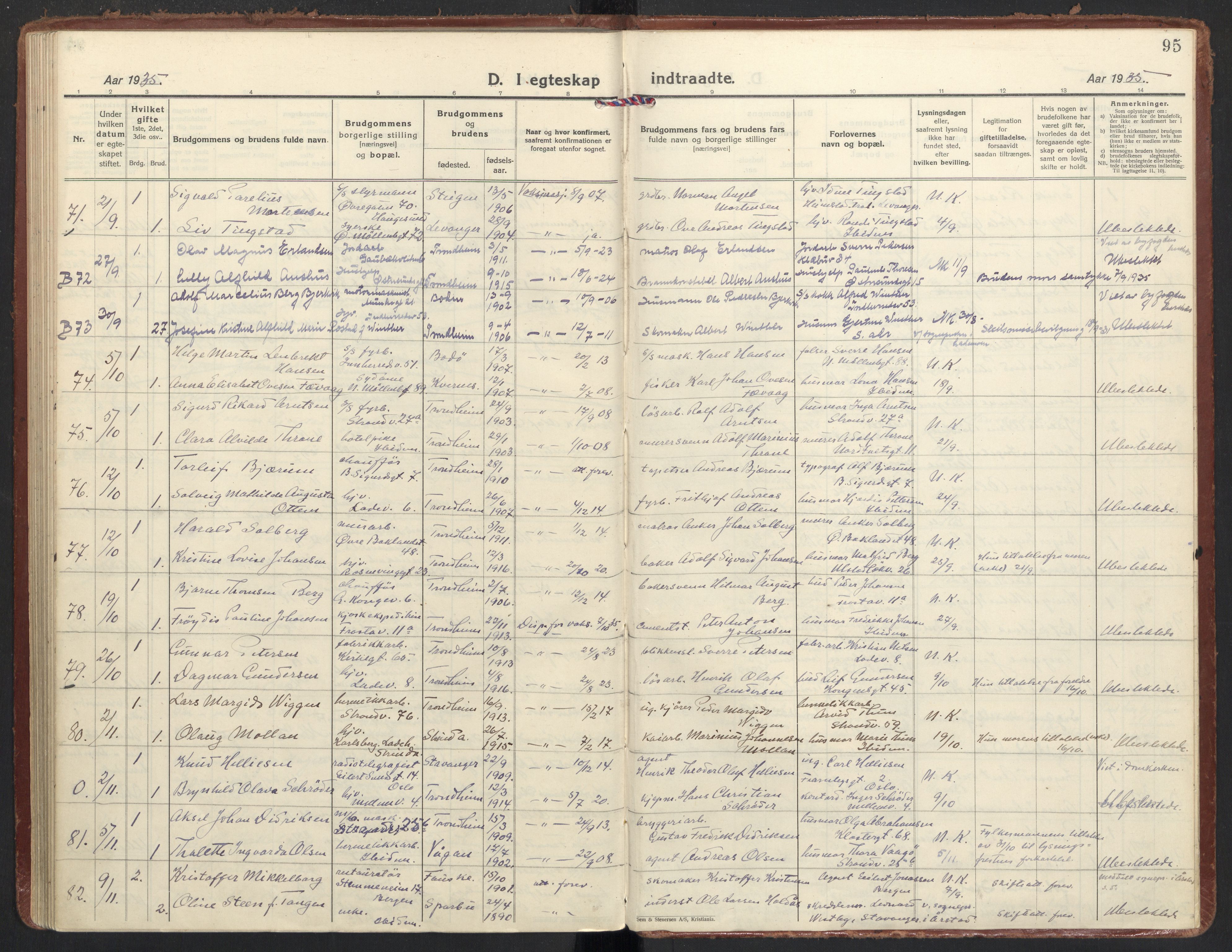 Ministerialprotokoller, klokkerbøker og fødselsregistre - Sør-Trøndelag, AV/SAT-A-1456/605/L0249: Parish register (official) no. 605A11, 1925-1936, p. 95