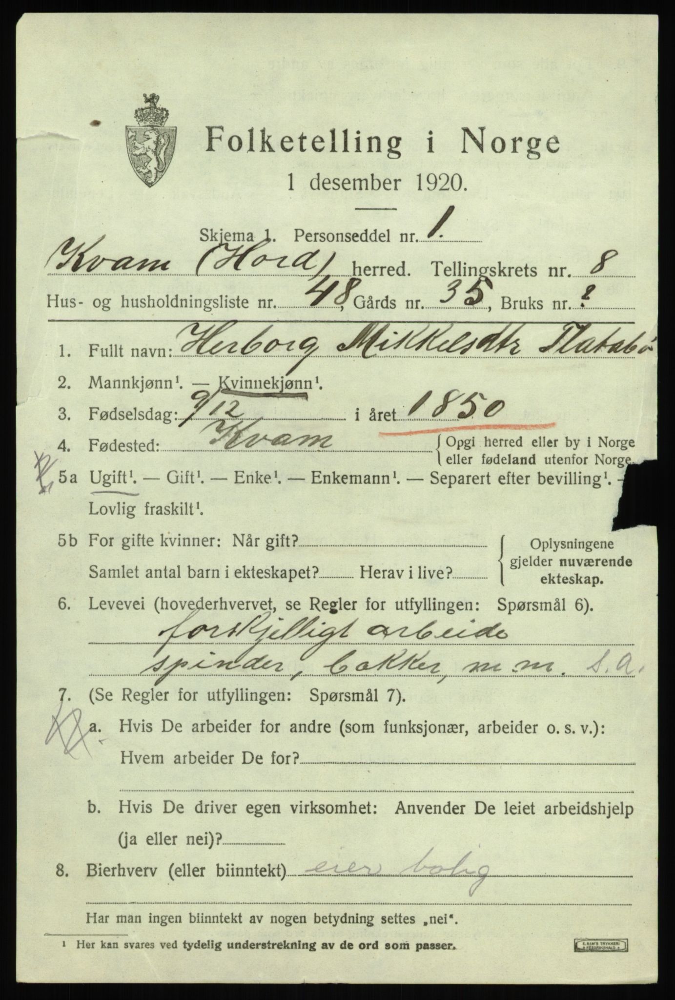 SAB, 1920 census for Kvam, 1920, p. 5643