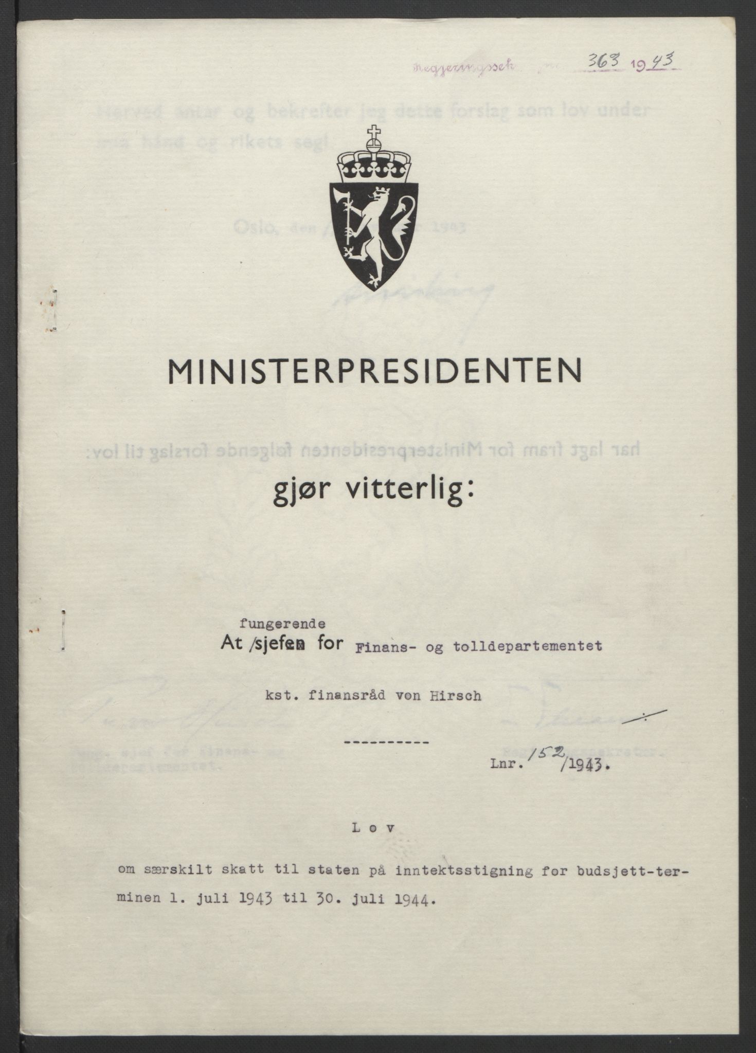 NS-administrasjonen 1940-1945 (Statsrådsekretariatet, de kommisariske statsråder mm), AV/RA-S-4279/D/Db/L0099: Lover, 1943, p. 717
