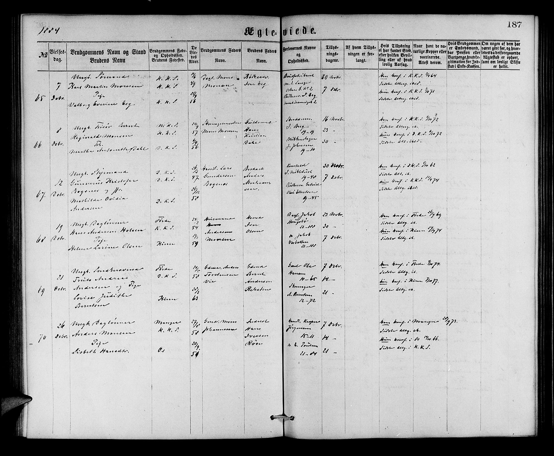 Korskirken sokneprestembete, AV/SAB-A-76101/H/Hab: Parish register (copy) no. D 2, 1867-1886, p. 187