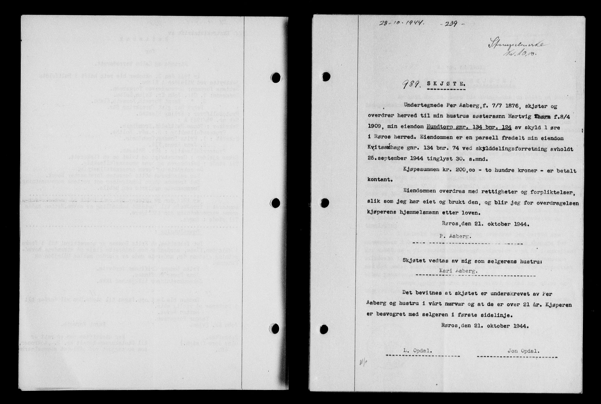 Gauldal sorenskriveri, SAT/A-0014/1/2/2C/L0058: Mortgage book no. 63, 1944-1945, Diary no: : 989/1944