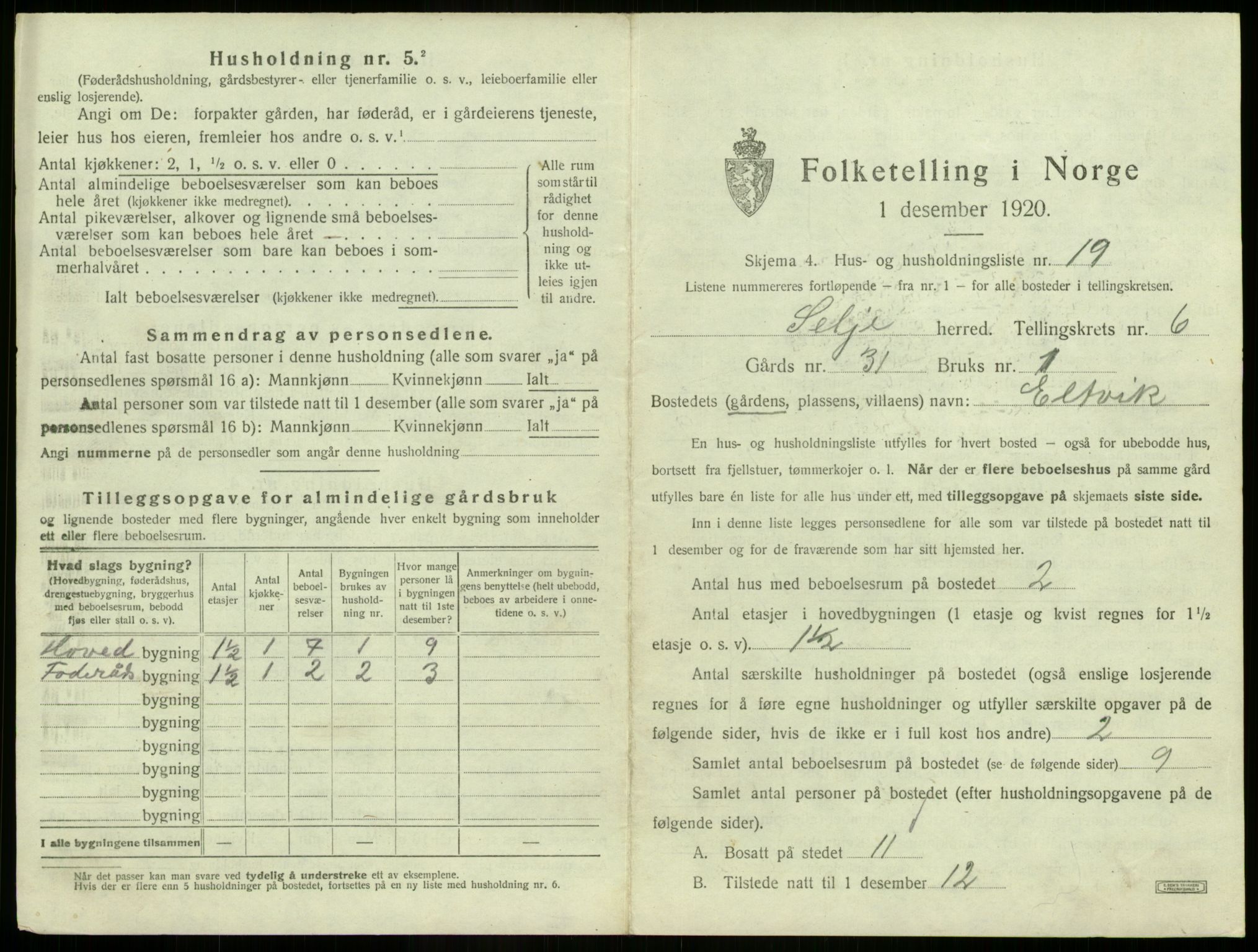 SAB, 1920 census for Selje, 1920, p. 442