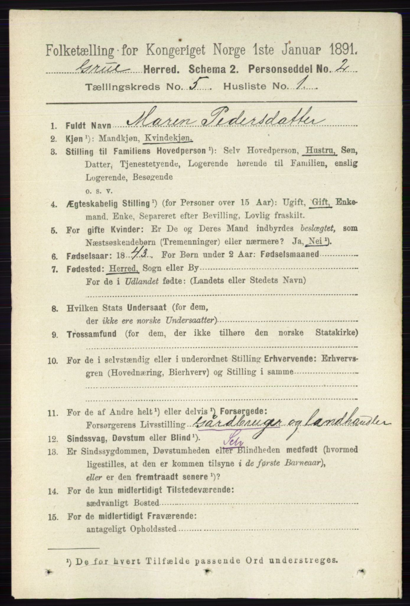 RA, 1891 census for 0423 Grue, 1891, p. 2696