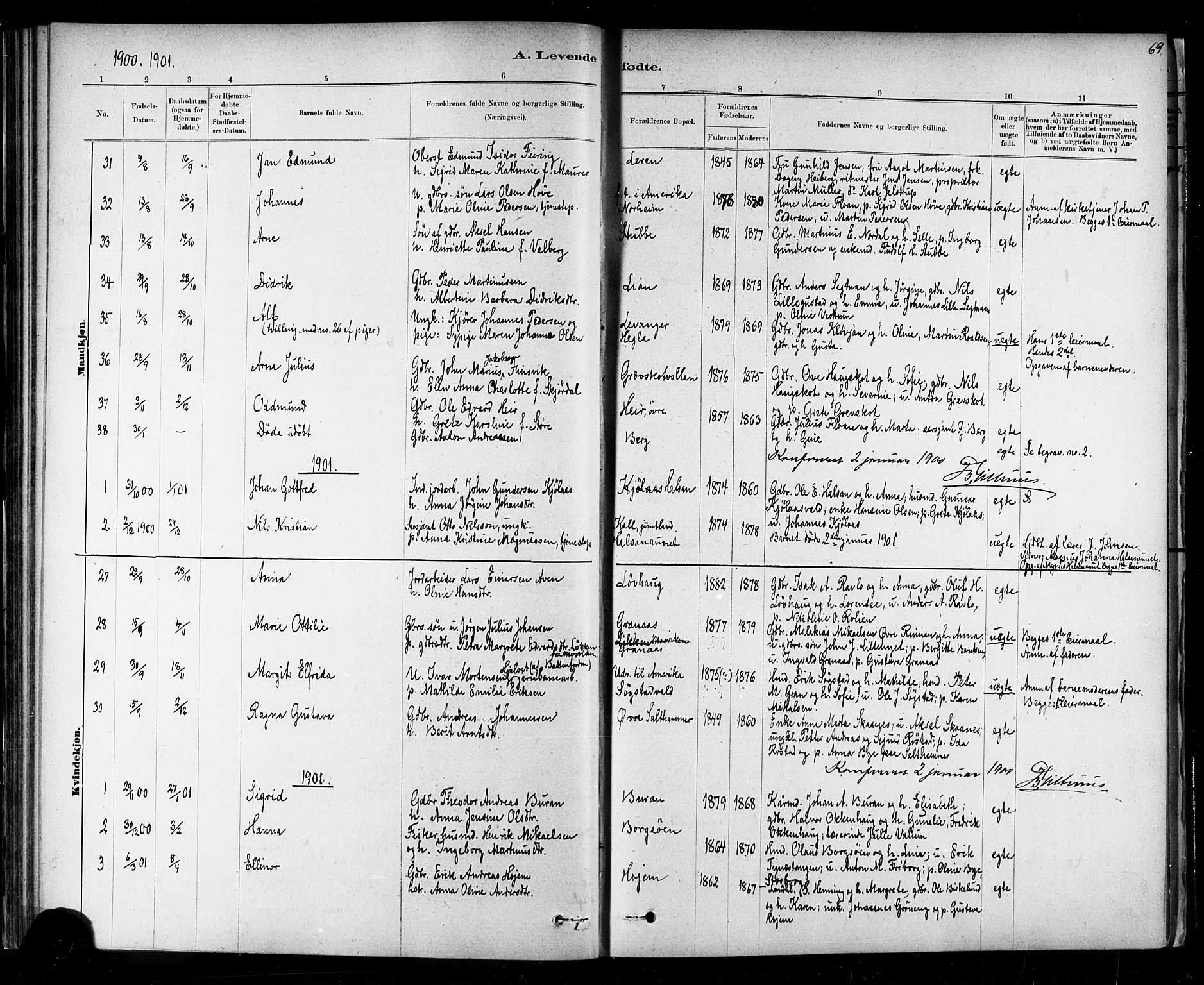 Ministerialprotokoller, klokkerbøker og fødselsregistre - Nord-Trøndelag, SAT/A-1458/721/L0208: Parish register (copy) no. 721C01, 1880-1917, p. 69