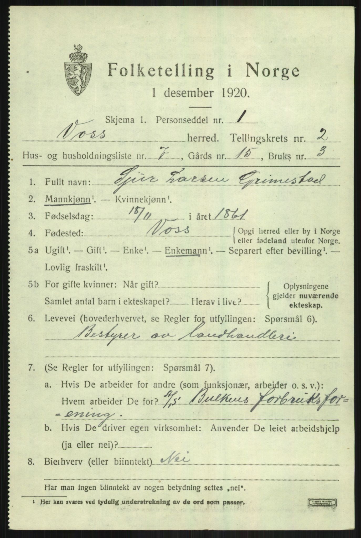 SAB, 1920 census for Voss, 1920, p. 3529