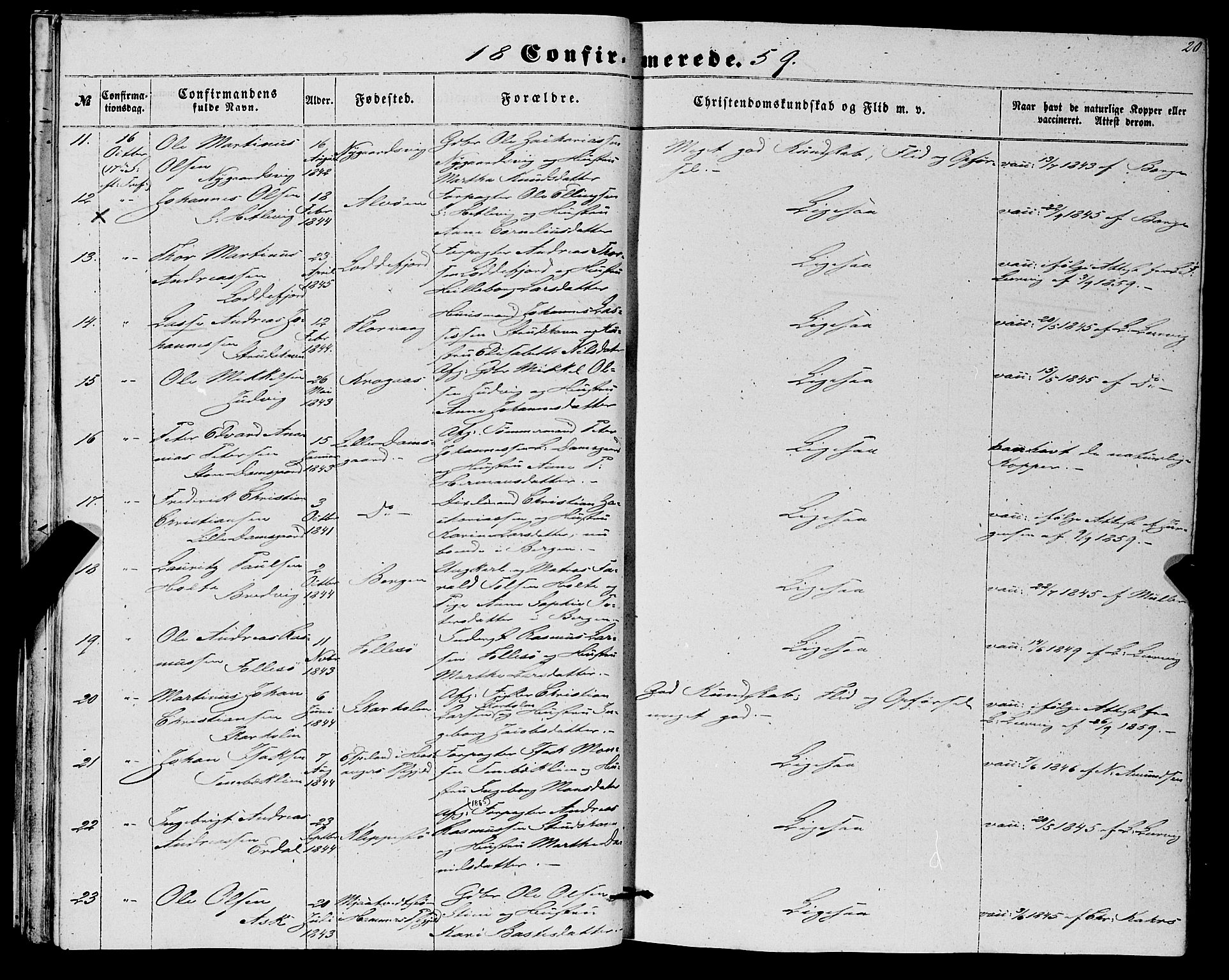 Askøy Sokneprestembete, SAB/A-74101/H/Ha/Haa/Haaa/L0012: Parish register (official) no. A 12, 1855-1877, p. 20